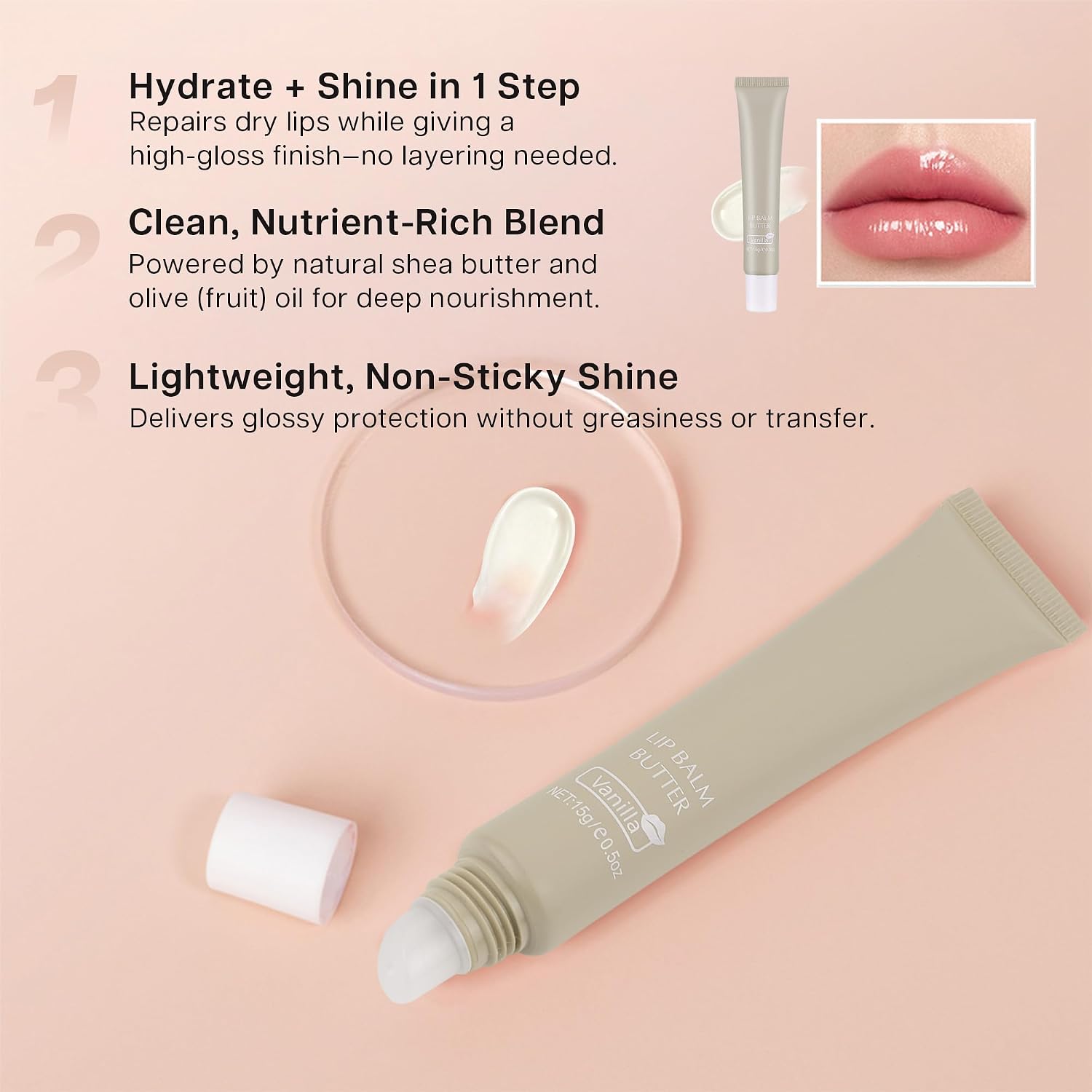 VRAIKO 2-in-1 Silky Lip Butter Balm & Lip Gloss, Hydration with Shea & Olive Oil Blend, Non-Sticky Moisture for Chapped Lips, Natural Ingredients (Vanilla) - View 5 of 5