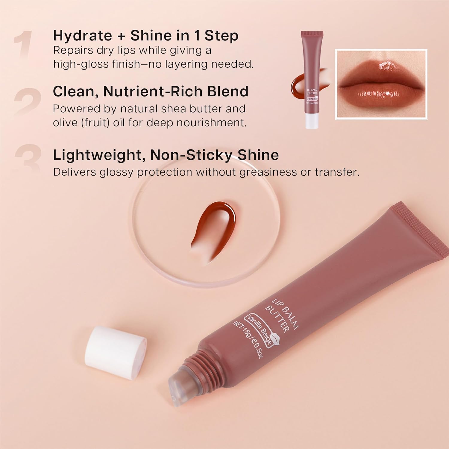 VRAIKO 2-in-1 Silky Lip Butter Balm & Lip Gloss, Hydration with Shea & Olive Oil Blend, Non-Sticky Moisture for Chapped Lips, Natural Ingredients (Vanilla Beige) - View 5 of 5