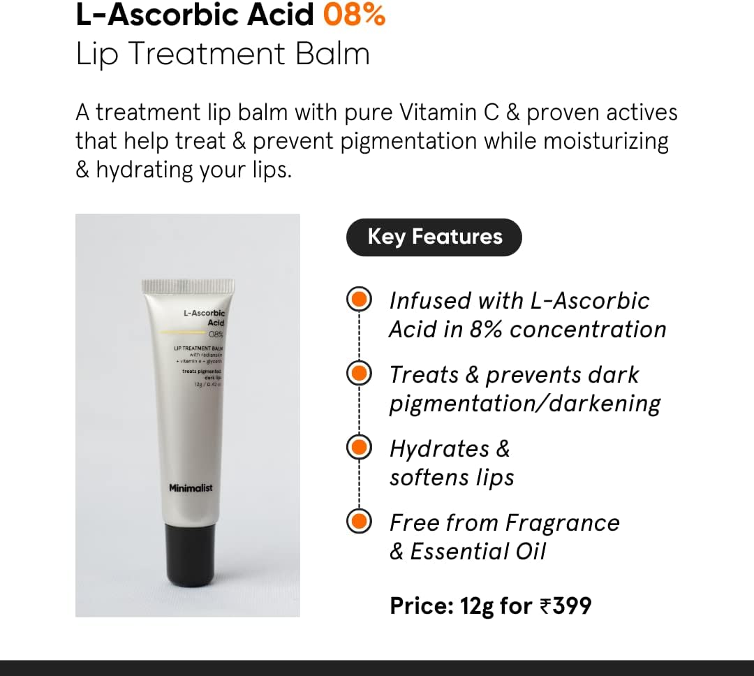 Minimalist Lip Treatment Balm for Lightening Dark Lips, Hydrating & Softening | 8% L-Ascorbic Acid with Vitamin E, Radianskin & Glycerine | For Women & Men | 0.42 Oz / 12 gm - View 5 of 5