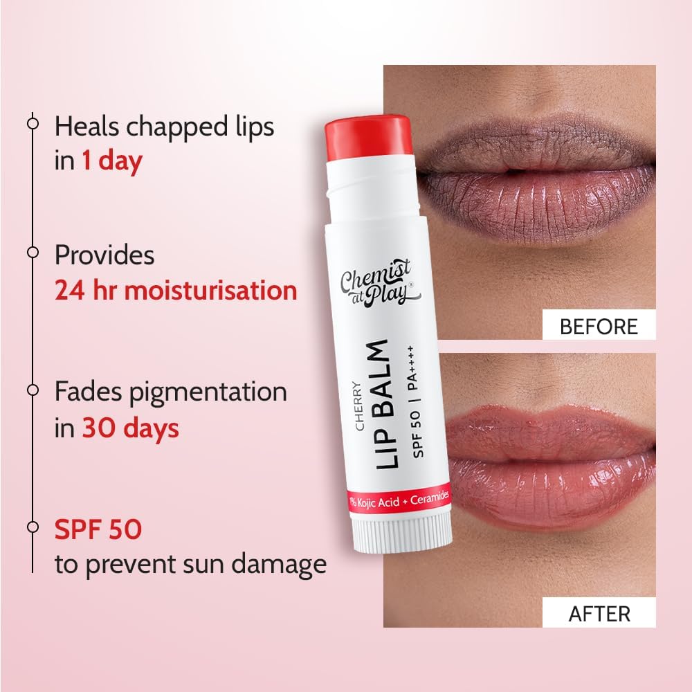 Chemist At Play's Cherry Lip Balm| Repairs Chapped Lips Brightens Dark Lips | 1% Kojic Acid| SPF 50 PA++++| For men and women| 4.5gm - View 6 of 7