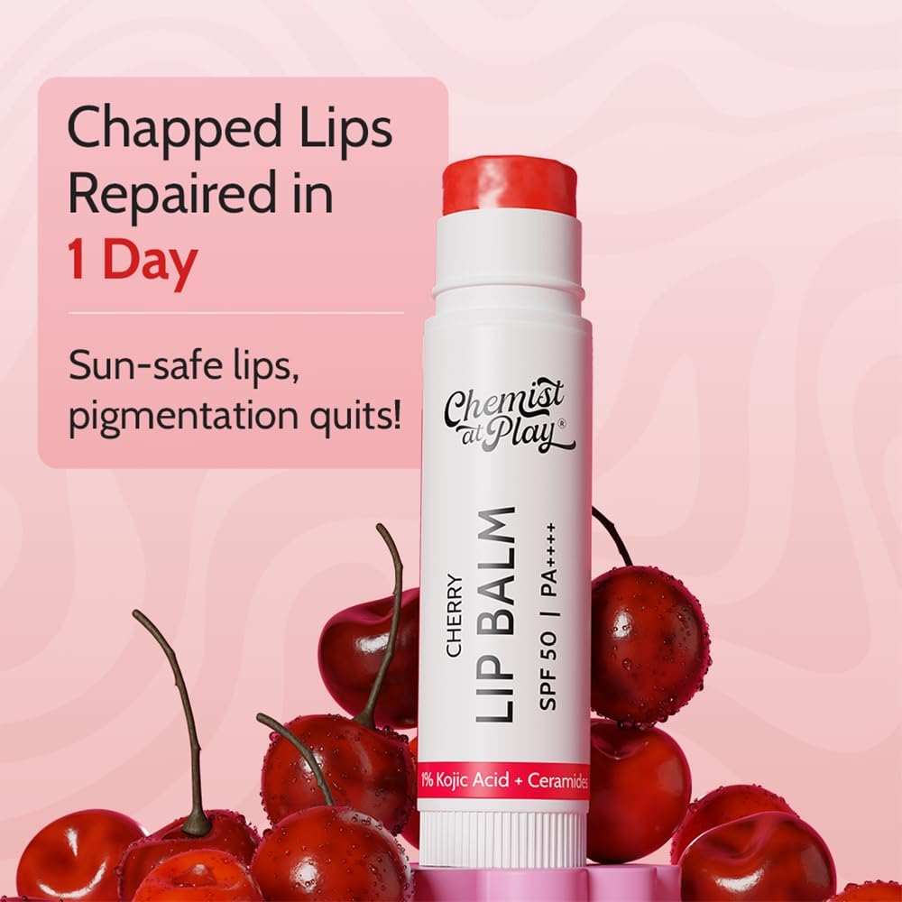 Chemist At Play's Cherry Lip Balm| Repairs Chapped Lips Brightens Dark Lips | 1% Kojic Acid| SPF 50 PA++++| For men and women| 4.5gm - View 7 of 7