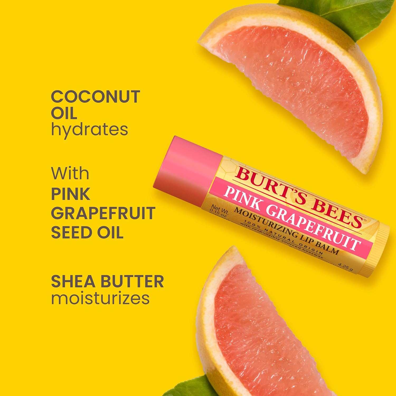 Burt's Bees Lip Balm Pink Grapefruit, Moisturising Lip Balm With Beeswax & Vitamin E, 100% Natural Origin, 4.25g - View 4 of 4