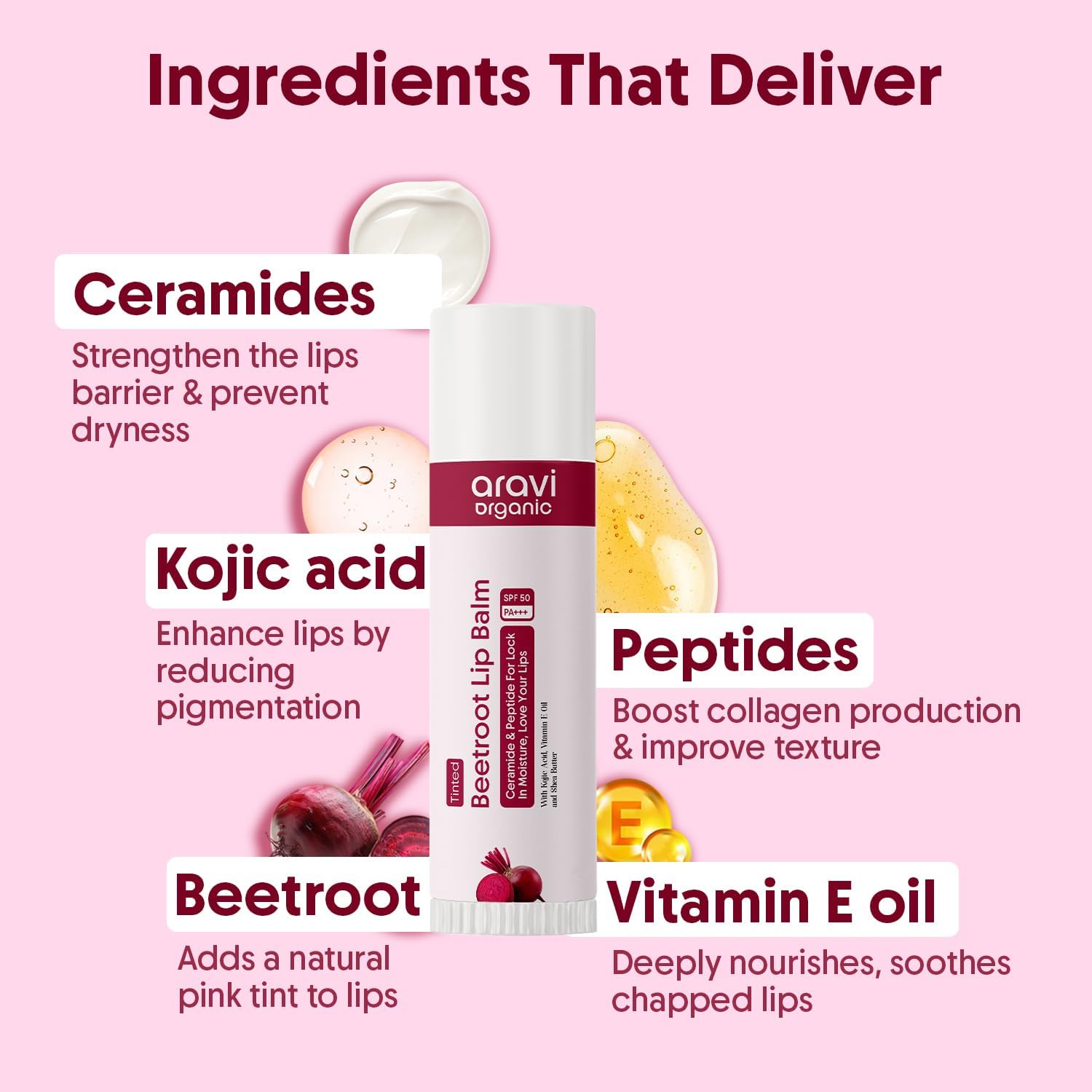 Aravi Organic Beetroot Tinted Lip Balm SPF 50 PA+++ | For Dark & Pigmented Lips | Hydrates Dry & Chapped Lips | Enriched with Kojic Acid, Ceramide, Peptide | Soft, Glossy for Men & Women | 5g - View 4 of 7