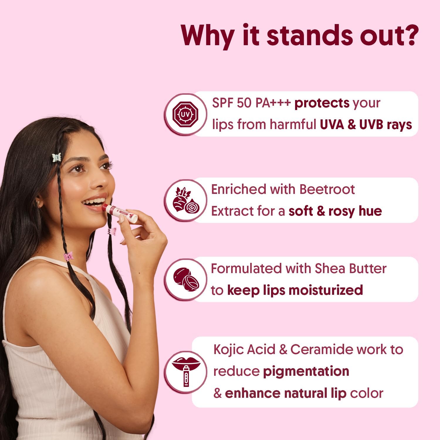 Aravi Organic Beetroot Tinted Lip Balm SPF 50 PA+++ | For Dark & Pigmented Lips | Hydrates Dry & Chapped Lips | Enriched with Kojic Acid, Ceramide, Peptide | Soft, Glossy for Men & Women | 5g - View 6 of 7