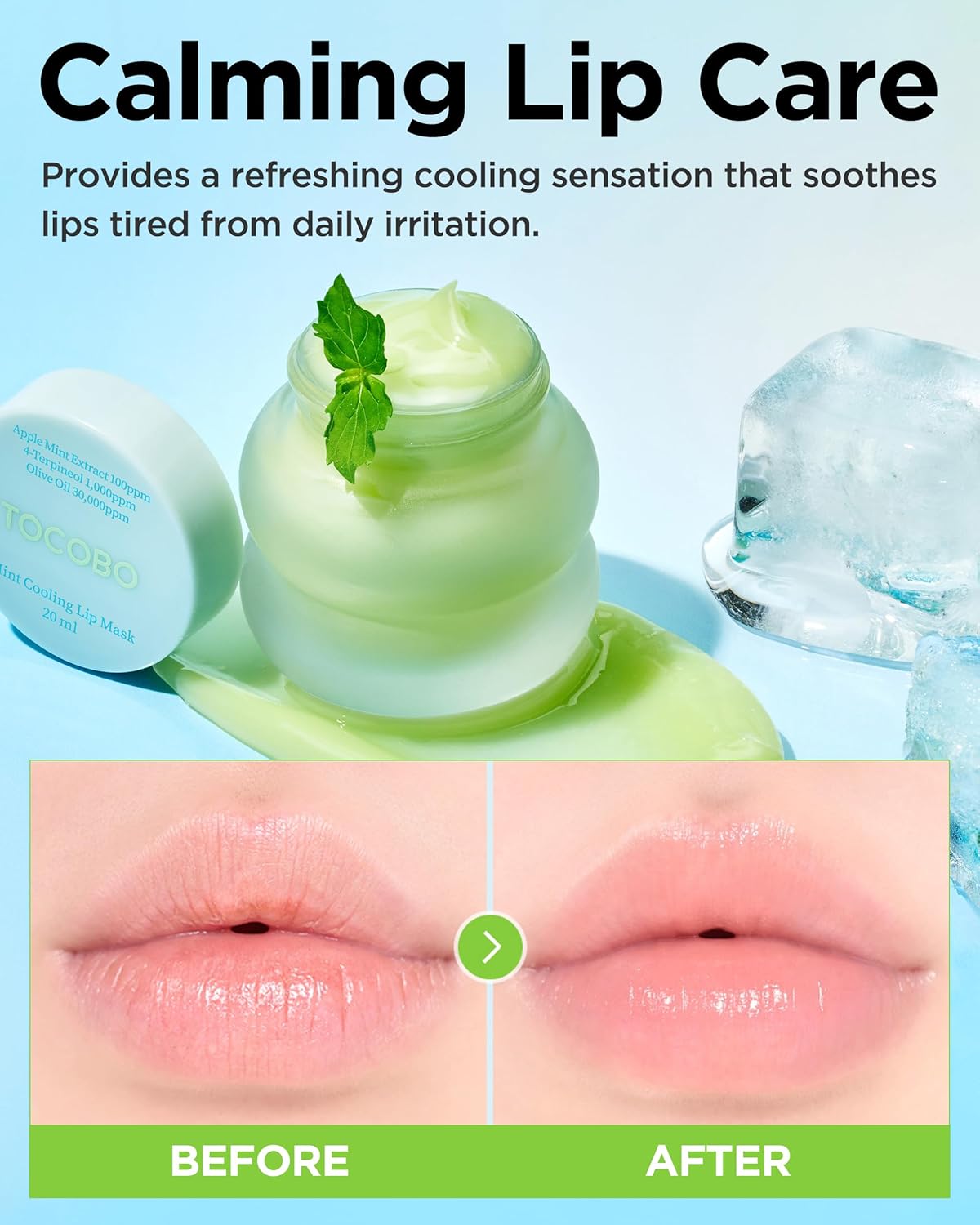 TOCOBO Mint Cooling Lip Mask – Cooling Relief Lip Sleeping Mask for Dry, Irritated Lips – Apple Mint + Tea Tree-Derived 4-Terpineol & Olive Oil – Soft Melting Texture, Fresh Herb Scent, 0.68 oz. - View 4 of 5