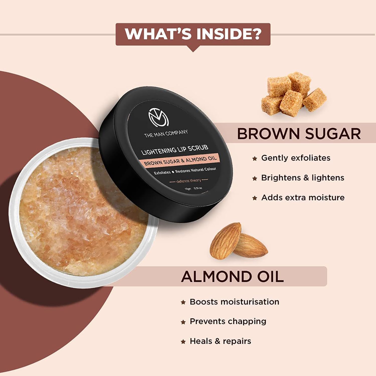 The Man Company Lightening Lip Scrub with Brown Sugar & Almond Oil | For Dry / Chapped Lip | Nourishes | Moisturizes | Brightening - 10gm - View 2 of 5