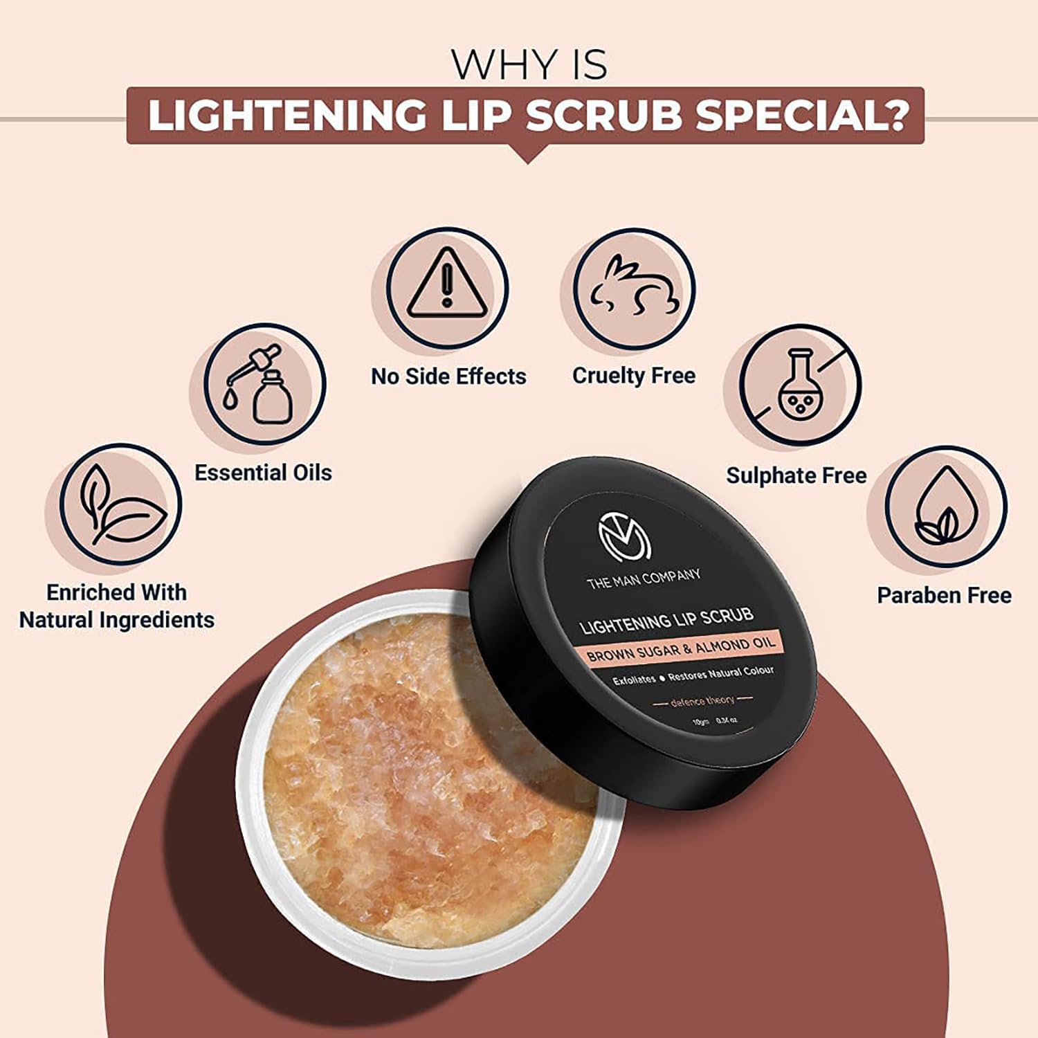 The Man Company Lightening Lip Scrub with Brown Sugar & Almond Oil | For Dry / Chapped Lip | Nourishes | Moisturizes | Brightening - 10gm - View 3 of 5