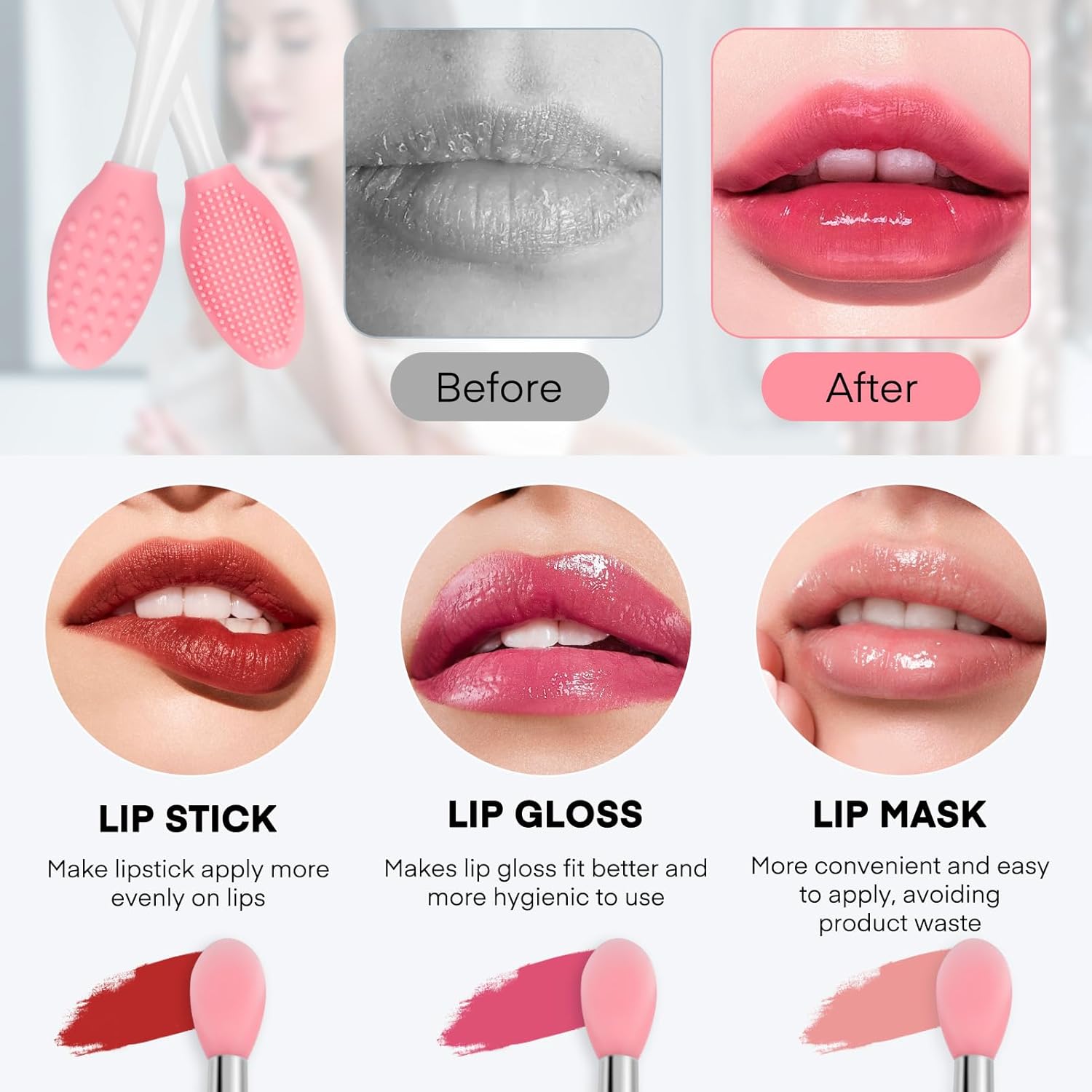 Unaone Lip Scrub Brush - 2 PCS Dual-ended Lip Scrubber Exfoliator and Silicone Lip Brush, 3-in-1 Silicone Lip Scrub Tool Lip Mask Applicator, Gentle Exfoliator & Applicator for Soft - View 3 of 5