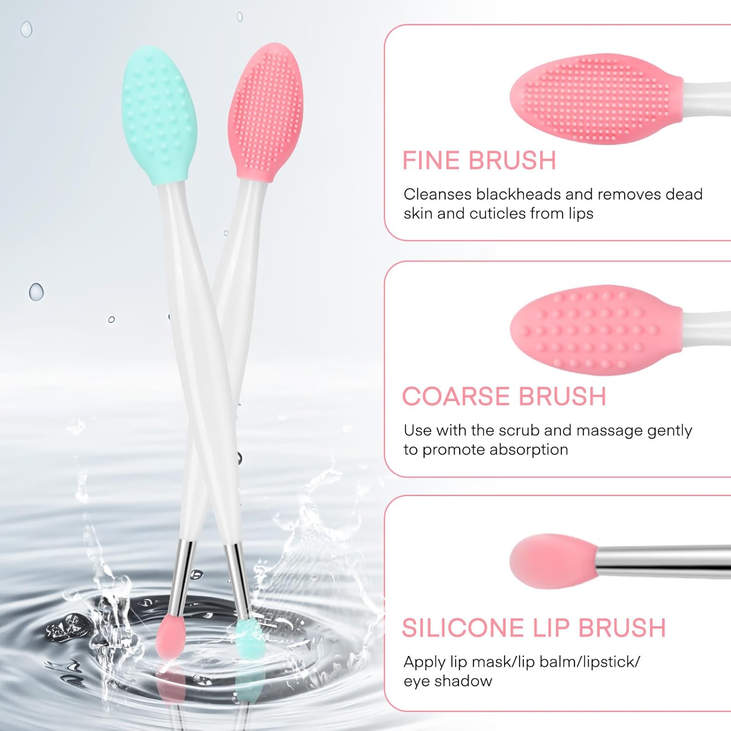 Unaone Lip Scrub Brush - 2 PCS Dual-ended Lip Scrubber Exfoliator and Silicone Lip Brush, 3-in-1 Silicone Lip Scrub Tool Lip Mask Applicator, Gentle Exfoliator & Applicator for Soft - View 4 of 5
