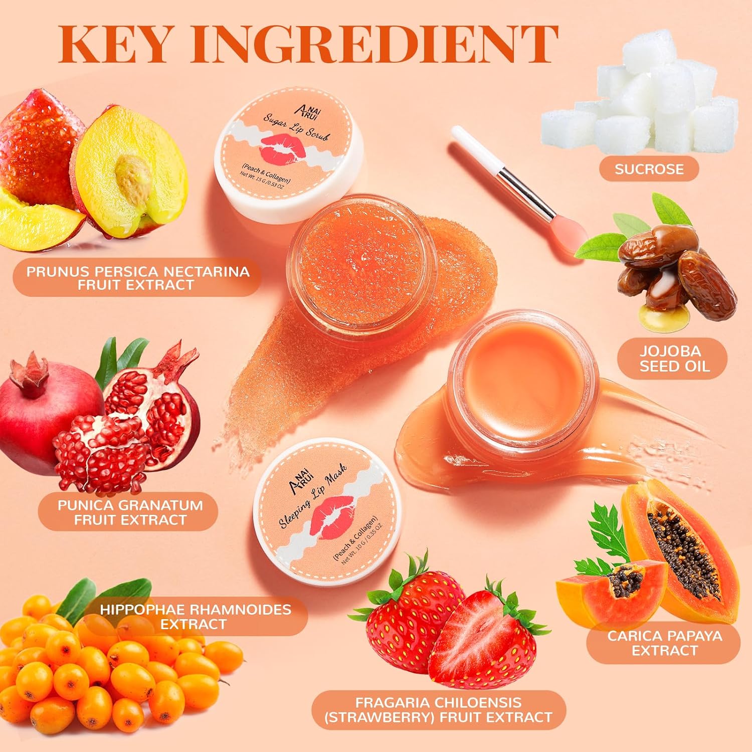 Peach Collagen Lip Plumper and Scrub Set, Anti-Aging Lip Sleeping Mask for Fine Lines, Overnight Lip Treatment for Fuller Lips, 2PCS (10g + 15g) - View 7 of 7