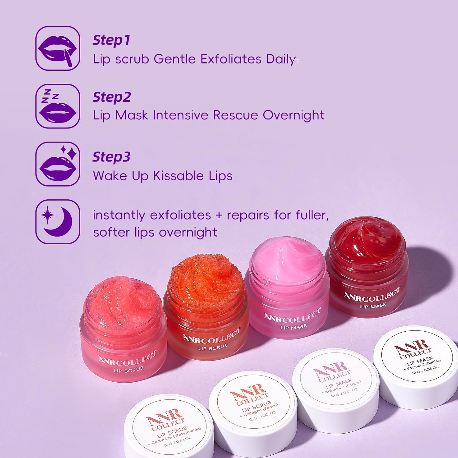 Lip Scrub and Lip Sleeping Mask Set (4PCS) – Sugar Lip Exfoliator Scrub & Overnight Lip Mask Treatment for Dry Cracked Lips, Hydrating Lip Care Gift Set - View 2 of 6