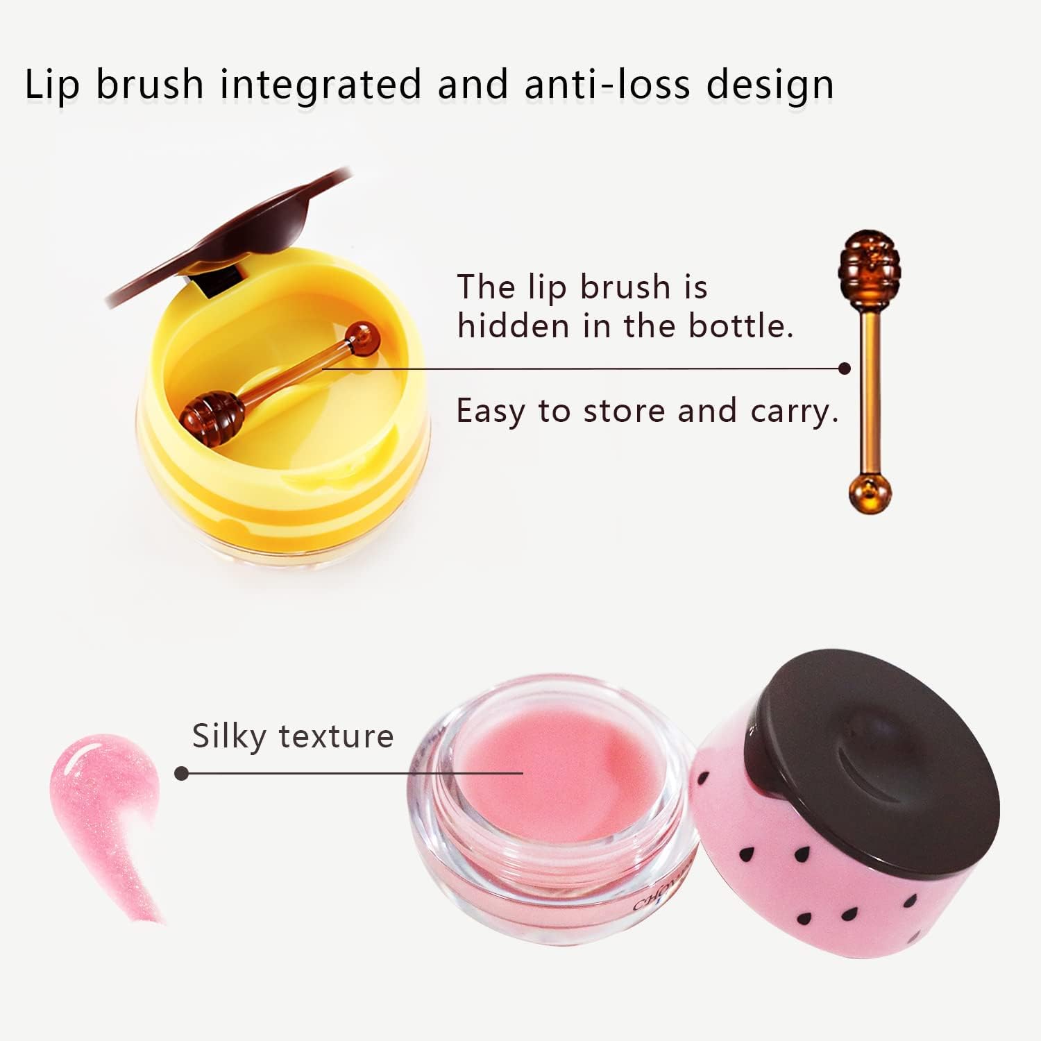2PCS Bee Balm Honey & Strawberry Lip Balm, Exfoliating Honey Pot Lip Balm Sleeping Lip Mask with Brush, Hydrating & Prevention Dry and Cracked, Lip Scrubs Exfoliator & Moisturizer - View 5 of 6
