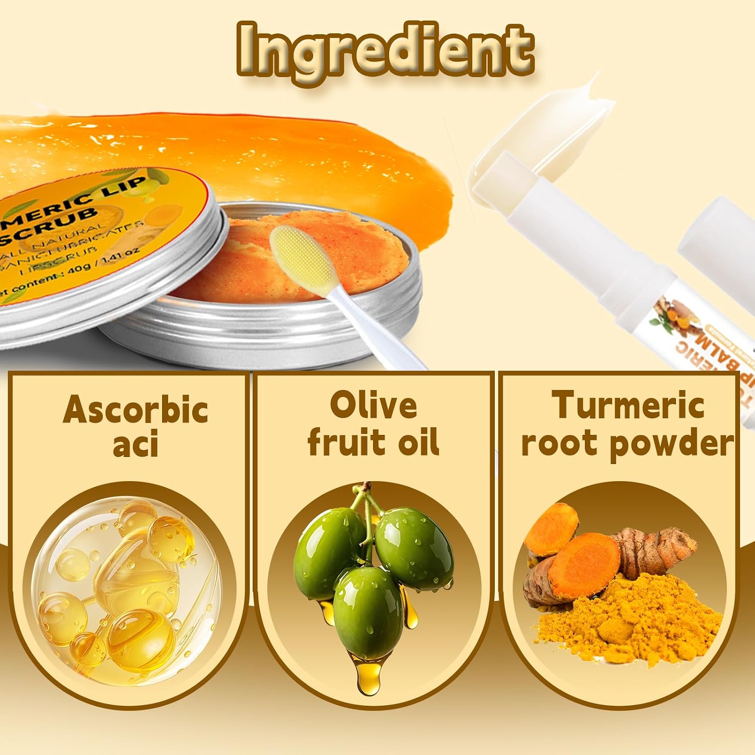 HAIOLORPRO 4PCS Turmeric Lip Scrub and Turmeric Lip Balm with Brush Set, Natural Lip Scrubber Exfoliator for Dry, Dull, Chapped, Dark lips, Reduces Fine Lines, Deeply Hydrates and Moisturizes - View 3 of 5