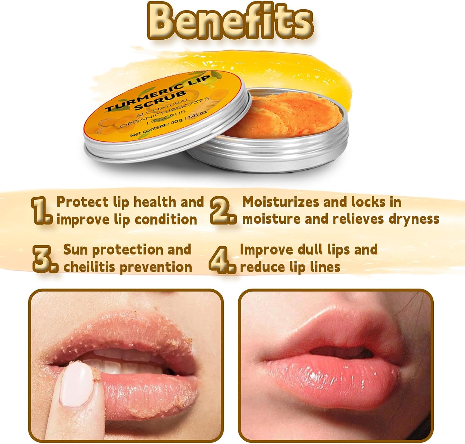 HAIOLORPRO 4PCS Turmeric Lip Scrub and Turmeric Lip Balm with Brush Set, Natural Lip Scrubber Exfoliator for Dry, Dull, Chapped, Dark lips, Reduces Fine Lines, Deeply Hydrates and Moisturizes - View 4 of 5