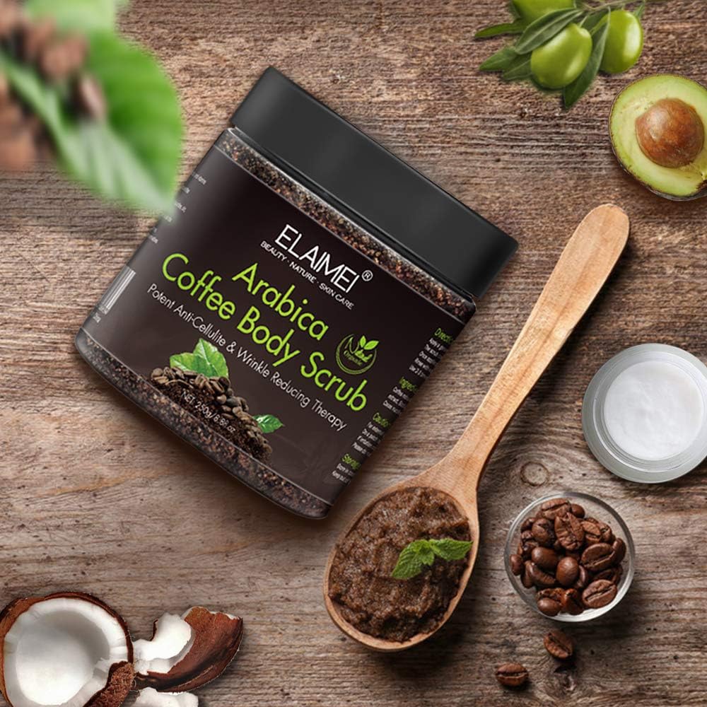 ELAIMEI Body Scrub Exfoliation for Dry Dead Skin, Body Polish Cream with Arabica Coffee-Anti Cellulite and Stretch Mark Treatment, Deep Cleansing and Moisturizing Body, Face and Lip scrub 8.8 oz - View 3 of 6