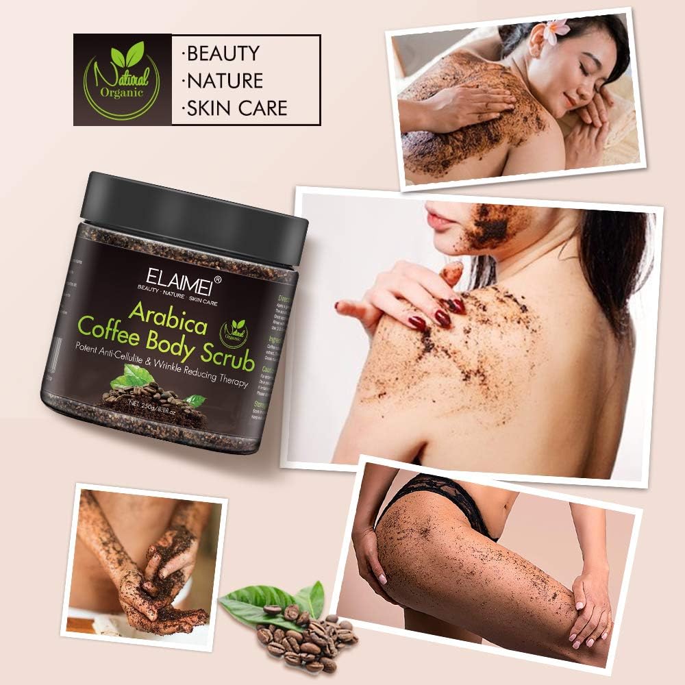ELAIMEI Body Scrub Exfoliation for Dry Dead Skin, Body Polish Cream with Arabica Coffee-Anti Cellulite and Stretch Mark Treatment, Deep Cleansing and Moisturizing Body, Face and Lip scrub 8.8 oz - View 4 of 6
