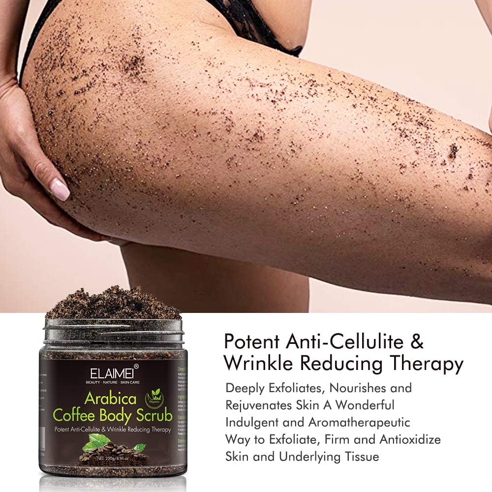 ELAIMEI Body Scrub Exfoliation for Dry Dead Skin, Body Polish Cream with Arabica Coffee-Anti Cellulite and Stretch Mark Treatment, Deep Cleansing and Moisturizing Body, Face and Lip scrub 8.8 oz - View 5 of 6