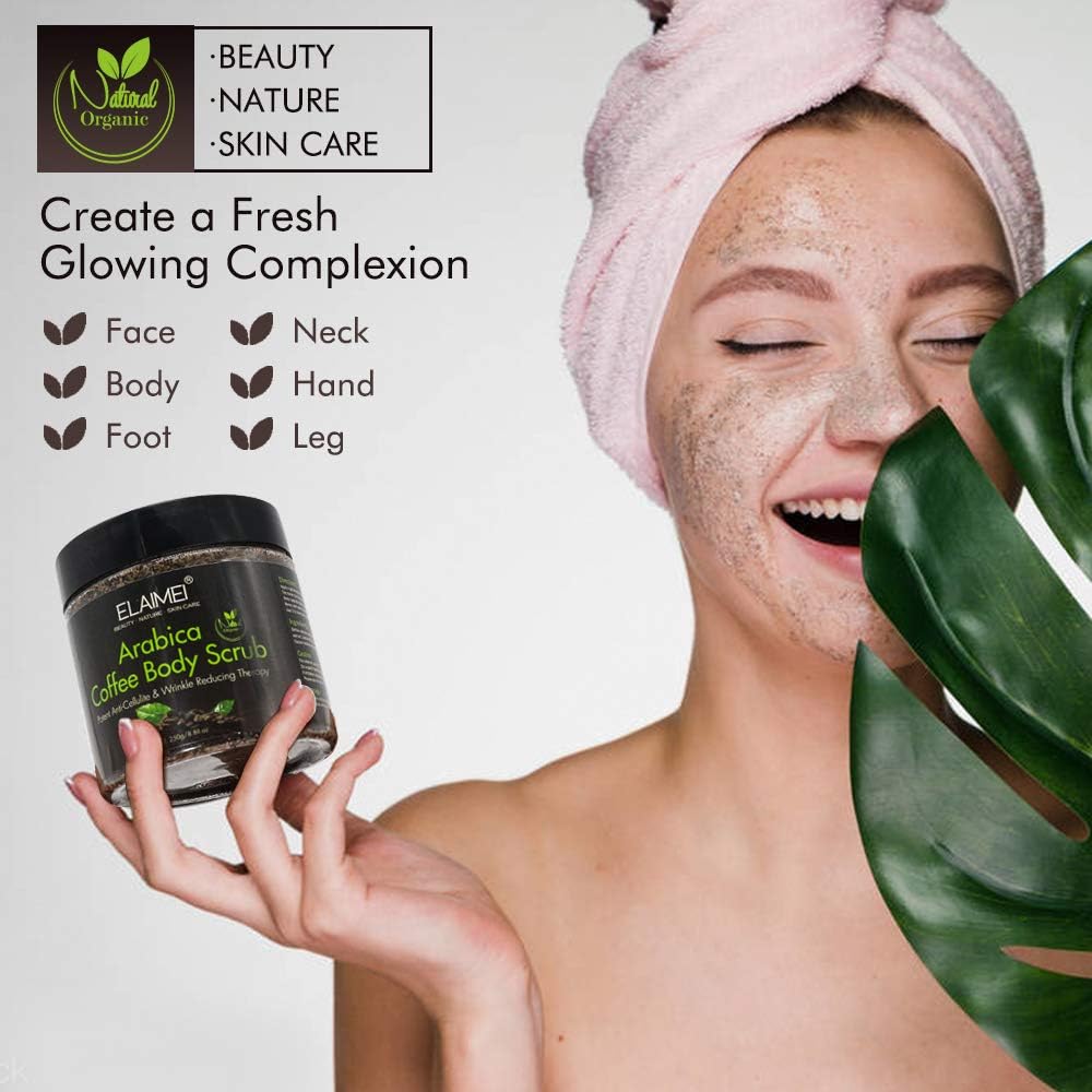 ELAIMEI Body Scrub Exfoliation for Dry Dead Skin, Body Polish Cream with Arabica Coffee-Anti Cellulite and Stretch Mark Treatment, Deep Cleansing and Moisturizing Body, Face and Lip scrub 8.8 oz - View 6 of 6