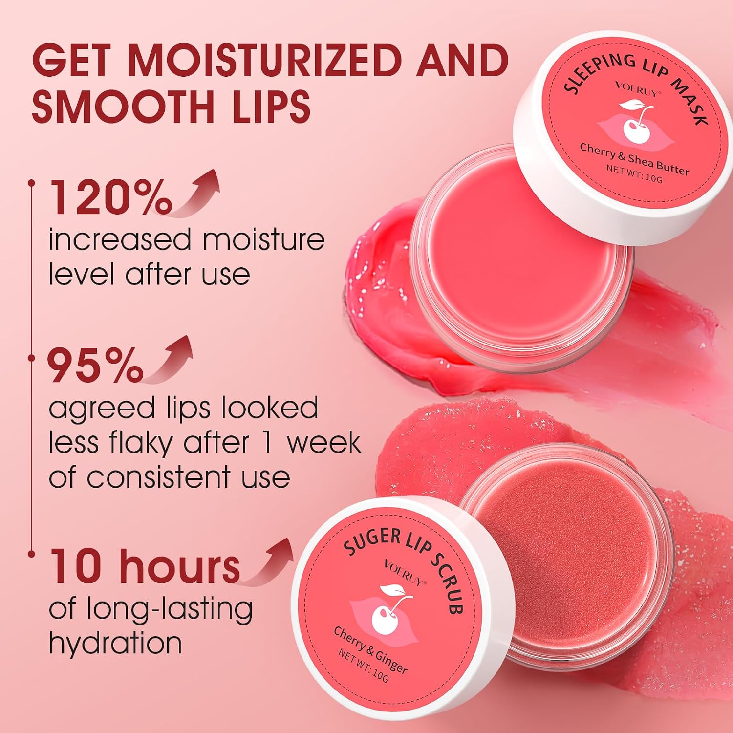 Lip Scrub & Lip Mask Set, Cherry Lip Exfoliator Scrub, Christmas Gifts Stocking Stuffers Gift for Women, Overnight Suger Lip Treatment, Repair Dry Cracked Lips - with Lip Brush (10g*2) - View 3 of 4