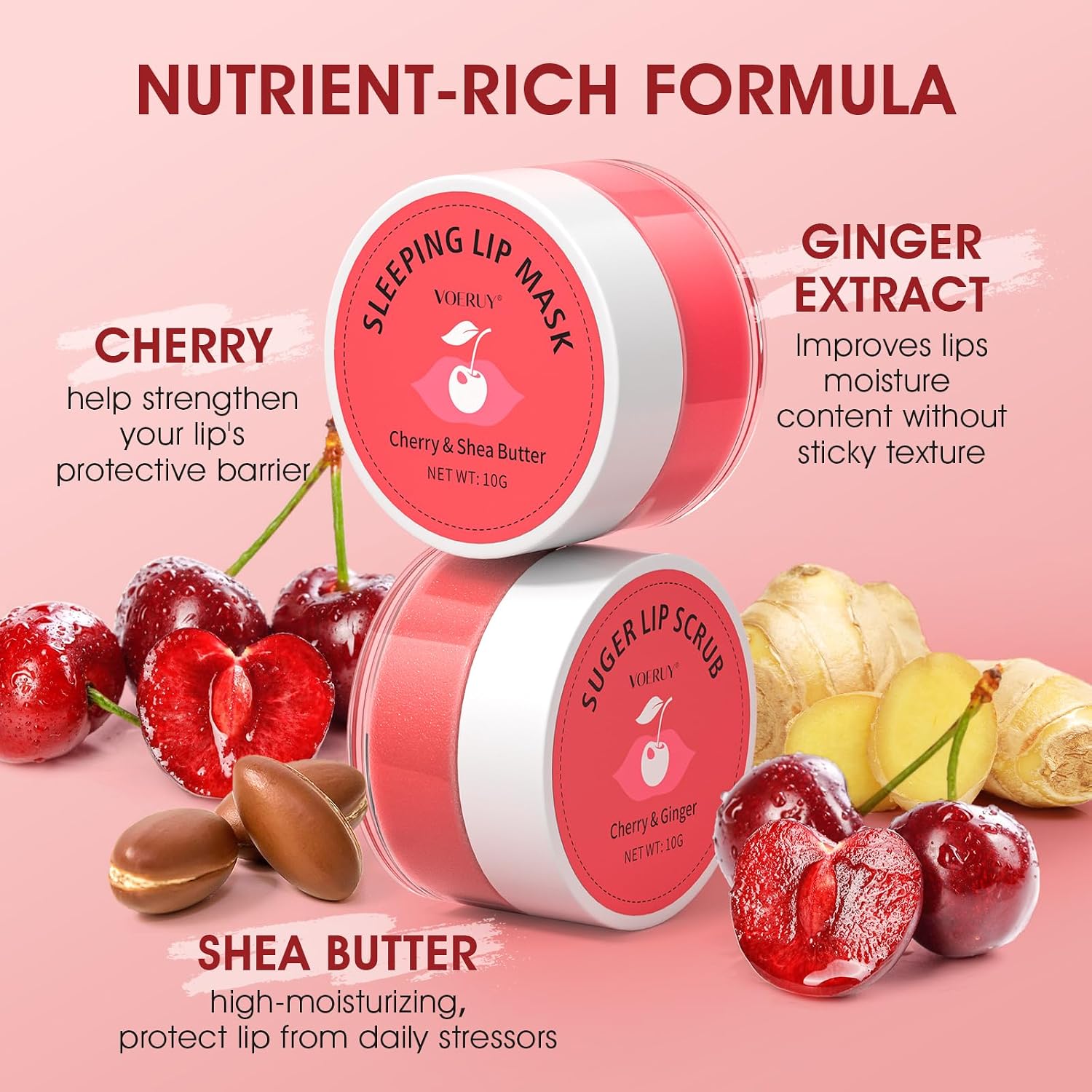 Lip Scrub & Lip Mask Set, Cherry Lip Exfoliator Scrub, Christmas Gifts Stocking Stuffers Gift for Women, Overnight Suger Lip Treatment, Repair Dry Cracked Lips - with Lip Brush (10g*2) - View 4 of 4