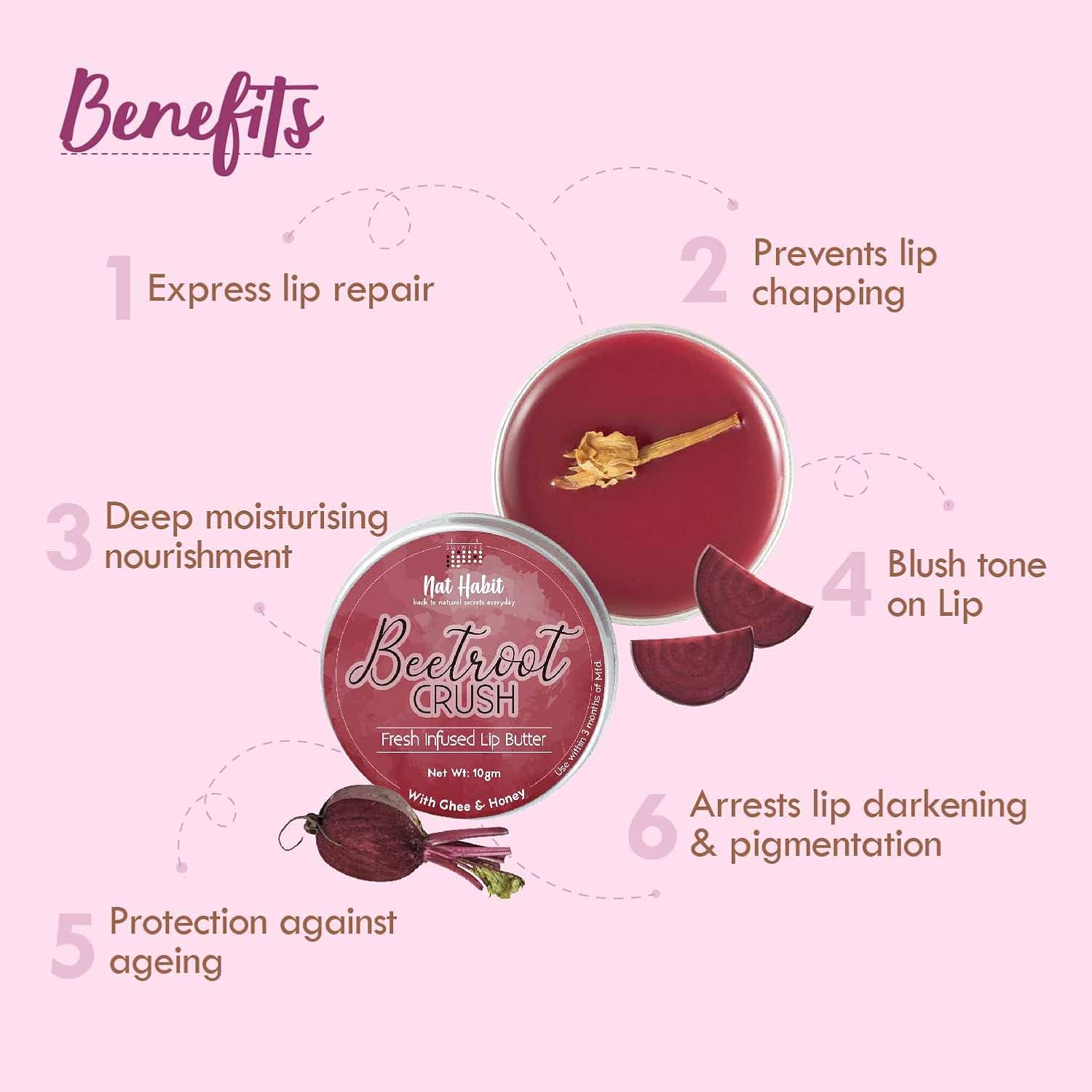 Nat Habit Beetroot Rose Fresh Lip Scrub, 12g, & Lip Balm, 10g, For Dry Lips, Combo For Women & Men, Natural Pink Lips - View 3 of 5