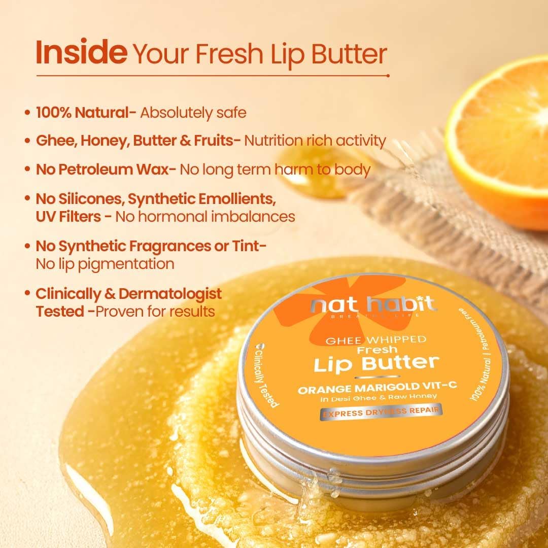 Nat Habit Orange Marigold Lip Balm Fresh Infused Lip Butter With Desi Ghee & Raw Honey For Lip Pigmentation, Lightening, Lip Repair, Dark And Chapped Lips (8gm) (Pack of 2) - View 3 of 6