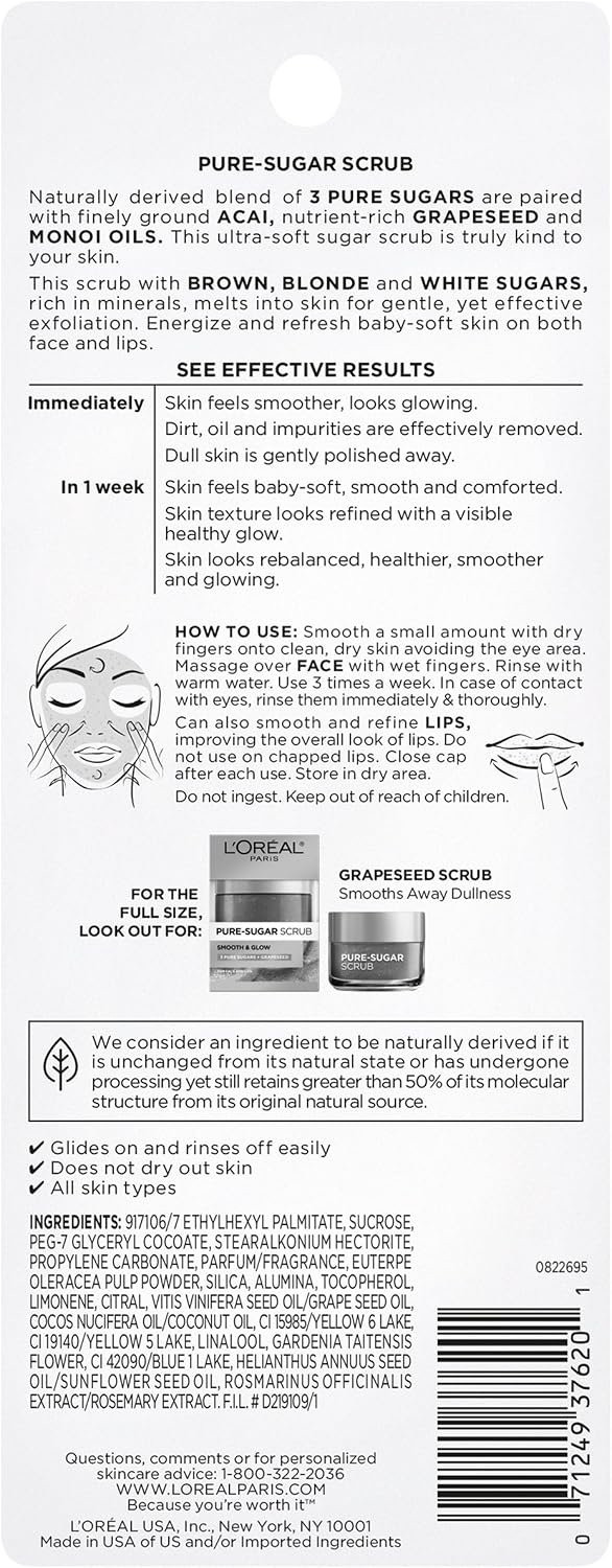 L'Oreal Paris Skincare Pure Sugar Lip Scrub with Grapeseed to Smooth and Glow, Travel Size Sugar Scrub for Face and Lips, 0.67 Fluid Ounce - View 2 of 4