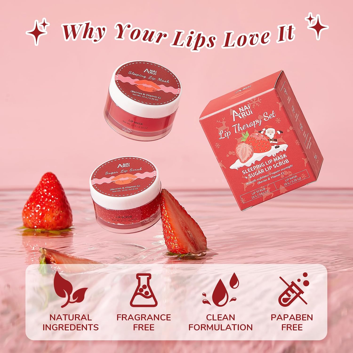 ANAI RUI Lip Scrub & Lip Mask Gift Set, Strawberry | Lip Exfoliator Scrub and Moisturizer Gift, Lip Scrubber Exfoliator & Sugar Lip Scrub with Vitamin C, Mini Gifts For Women - View 3 of 6