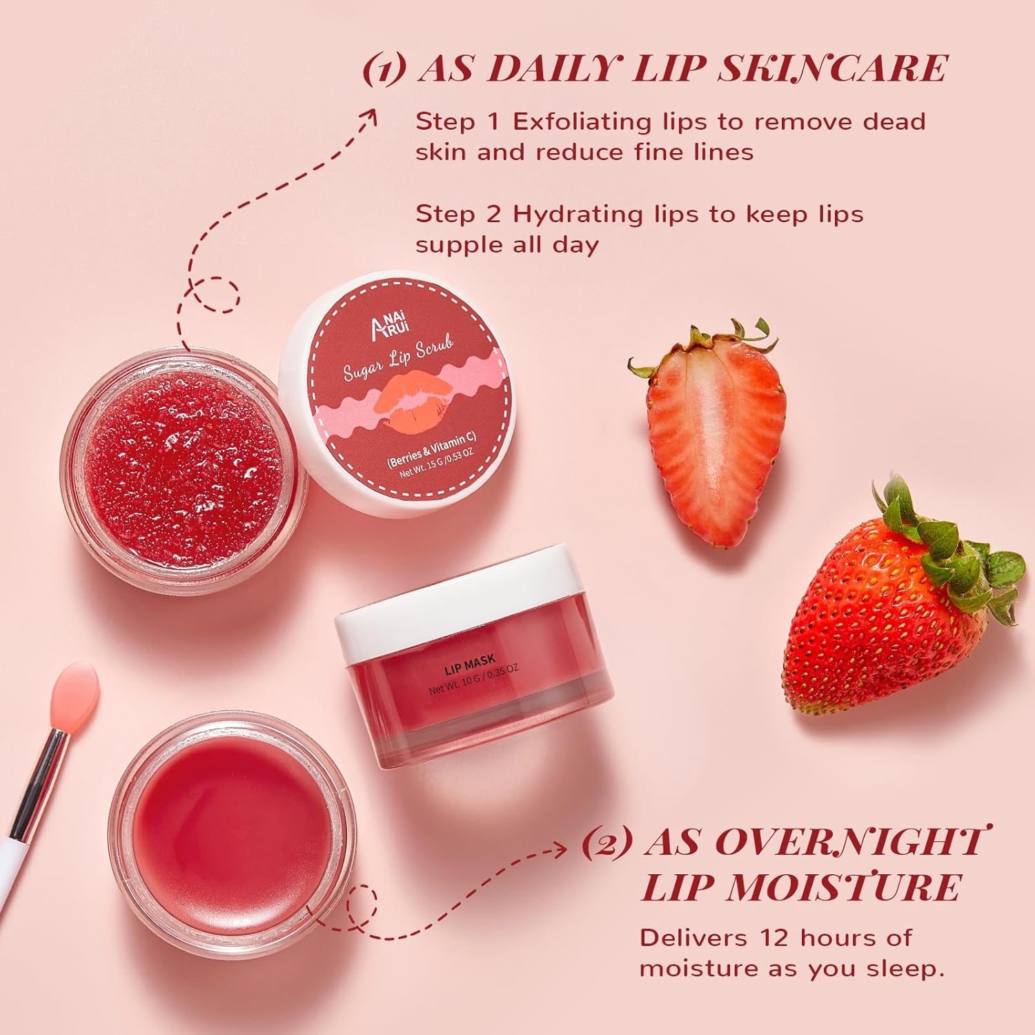 ANAI RUI Lip Scrub & Lip Mask Gift Set, Strawberry | Lip Exfoliator Scrub and Moisturizer Gift, Lip Scrubber Exfoliator & Sugar Lip Scrub with Vitamin C, Mini Gifts For Women - View 4 of 6