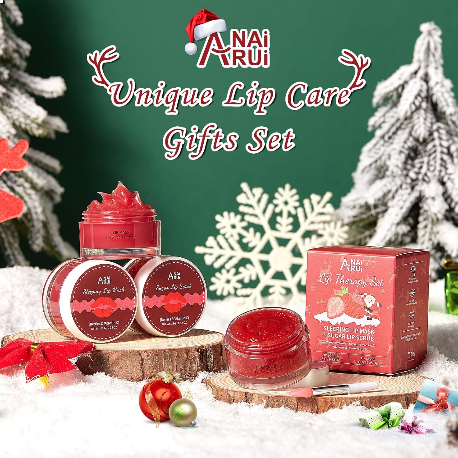 ANAI RUI Lip Scrub & Lip Mask Gift Set, Strawberry | Lip Exfoliator Scrub and Moisturizer Gift, Lip Scrubber Exfoliator & Sugar Lip Scrub with Vitamin C, Mini Gifts For Women - View 5 of 6