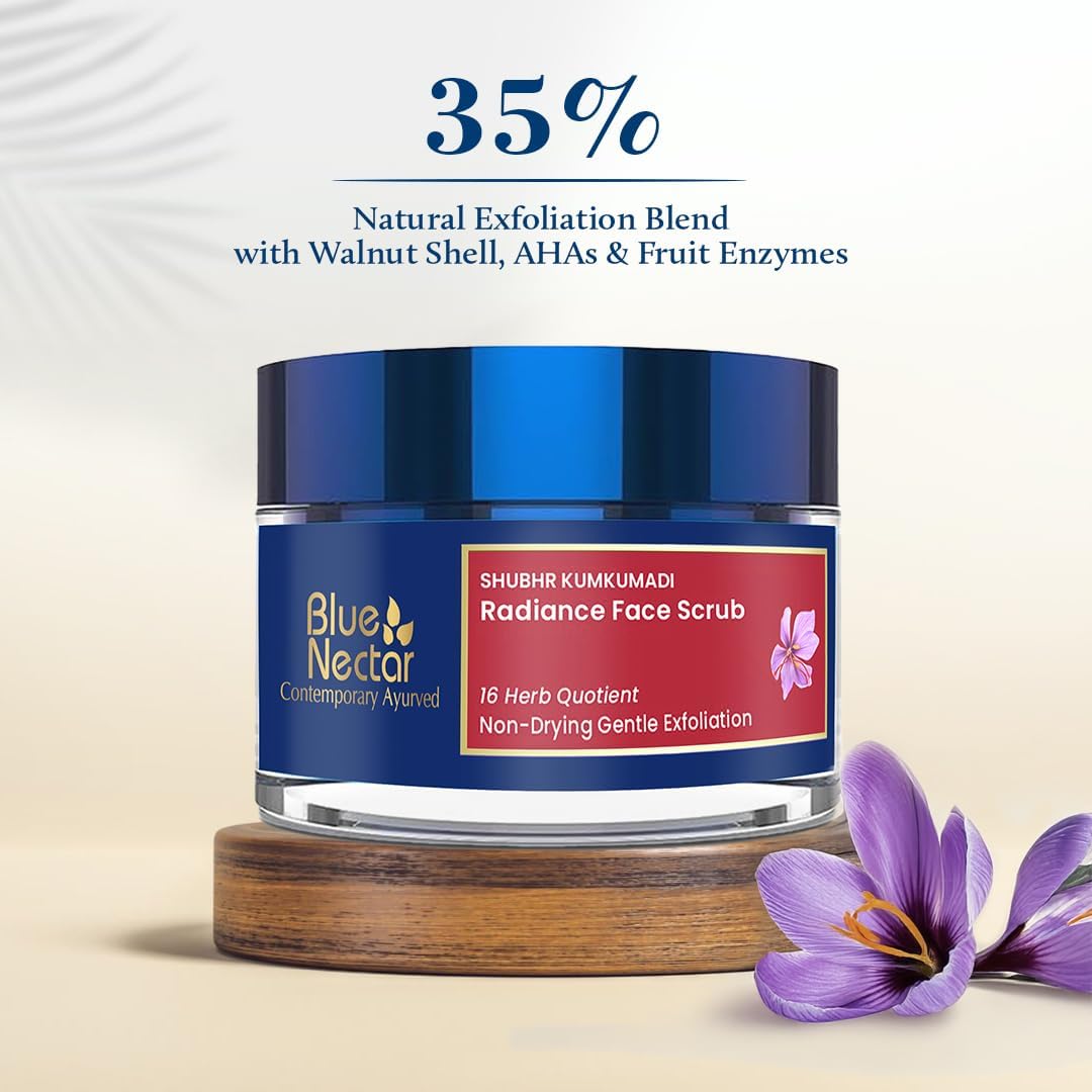Blue Nectar Saffron Face Scrub for Glowing Skin by Exfoliating Face Scrub | Gentle Ayurvedic Kumkumadi Oil Tan Remover for Refreshing Sun-exposed Skin (16 Herbs, 50g) - View 5 of 6