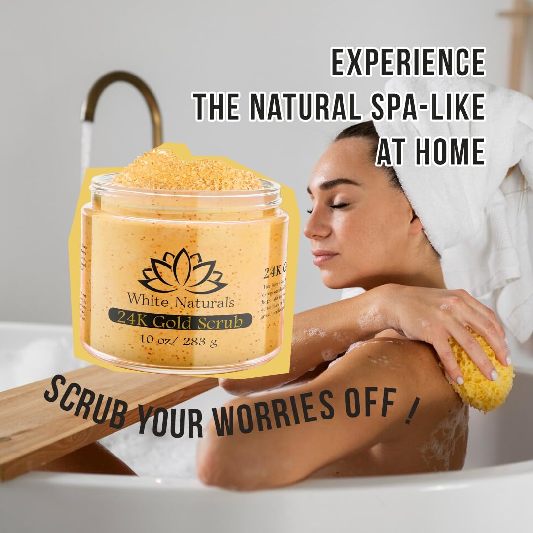 24K Gold Body Scrub, Natural Exfoliating Face Sugar Scrub With Anti-Aging Properties, Pure Skin Moisturizer, Reduce Wrinkles Deep Pore Cleansing Moisturizing Hydrating Skincare, Great Gift for Women - View 6 of 7