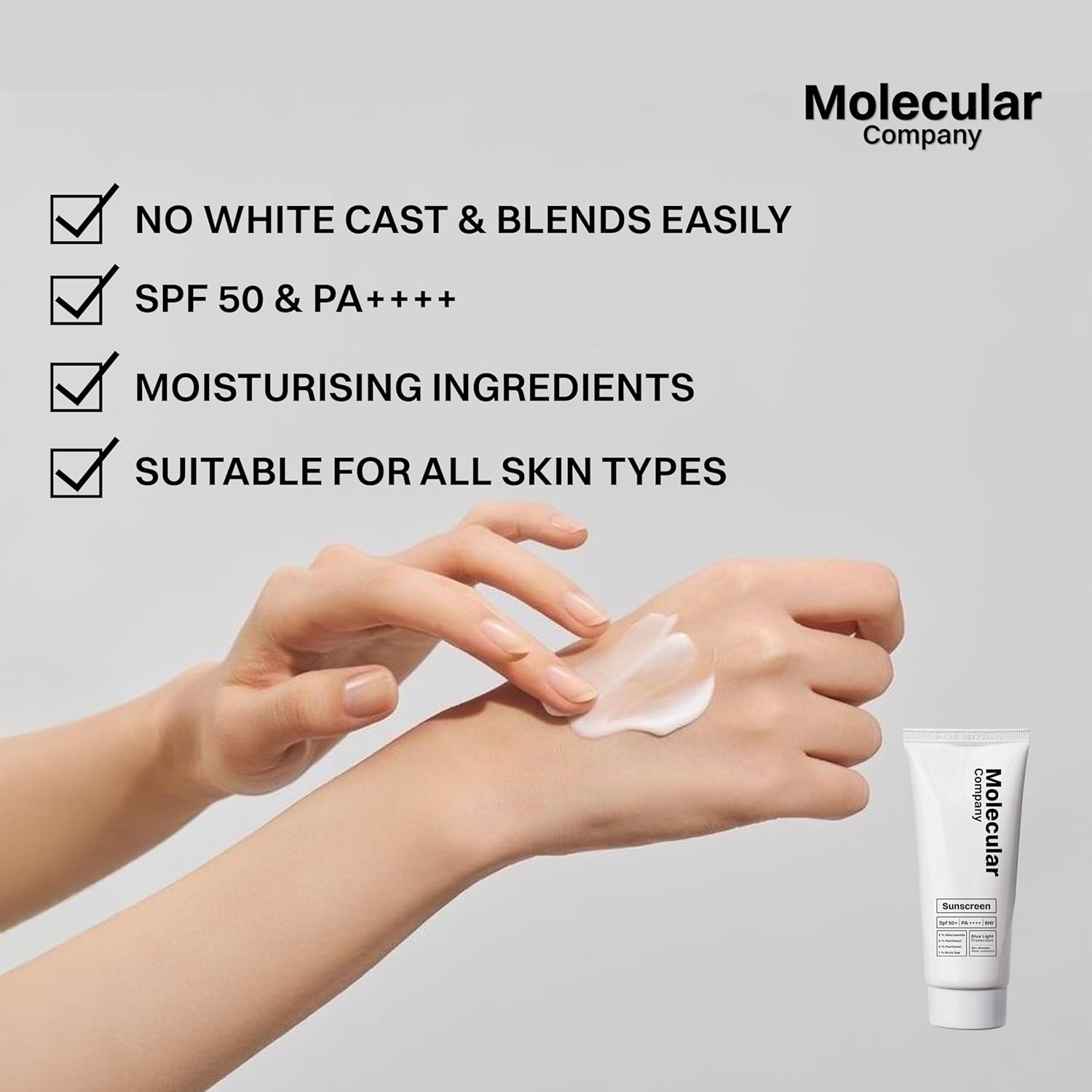 Molecular Company SPF 50+ Pa++++ Face Sunscreen Gel, 50g | 2X Moisturising than Hyaluronic Acid | With 5% Niacinamide, 3% Panthenol, 3% Lecorice, 1% Birch Sap l All Skin Type For Men & Women - View 3 of 4