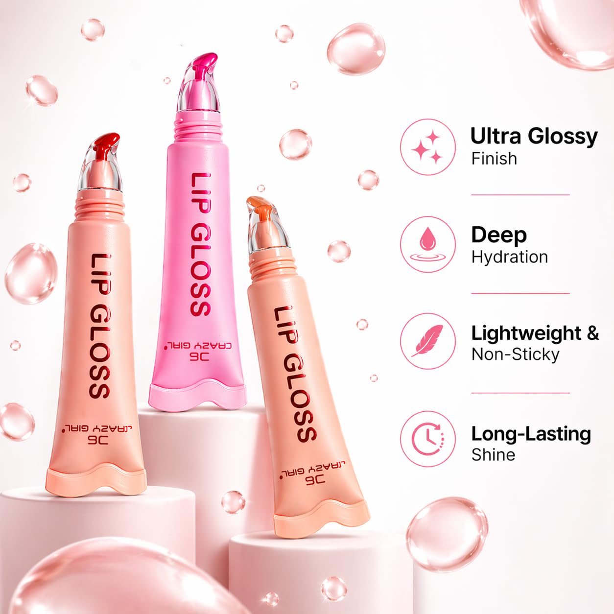 CRAZY GIRL Crystal Lip Gloss Set of 3 | High Shine Hydrating Gloss | Non-Sticky Glossy | Long Lasting Moisturizing for Women & Girls | Natural Pink, Coral & Red Shades (Set of 3 A) - View 3 of 4
