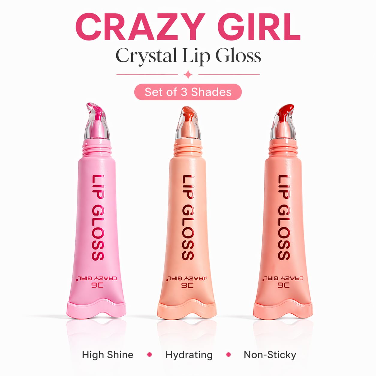 CRAZY GIRL Crystal Lip Gloss Set of 3 | High Shine Hydrating Gloss | Non-Sticky Glossy | Long Lasting Moisturizing for Women & Girls | Natural Pink, Coral & Red Shades (Set of 3 B) - View 4 of 4