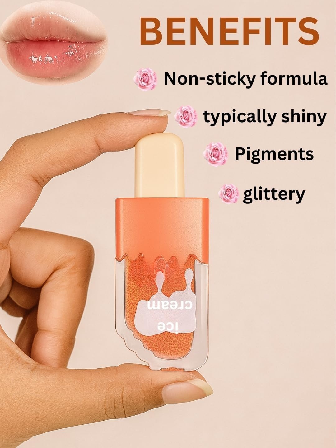 Pack of 2 Cute Icecream shape Lipgloss for girls lip balm korean Ice cream lipgloss pink shiny lips waterproof long lasting liquid glitter lipgloss for women - View 2 of 7