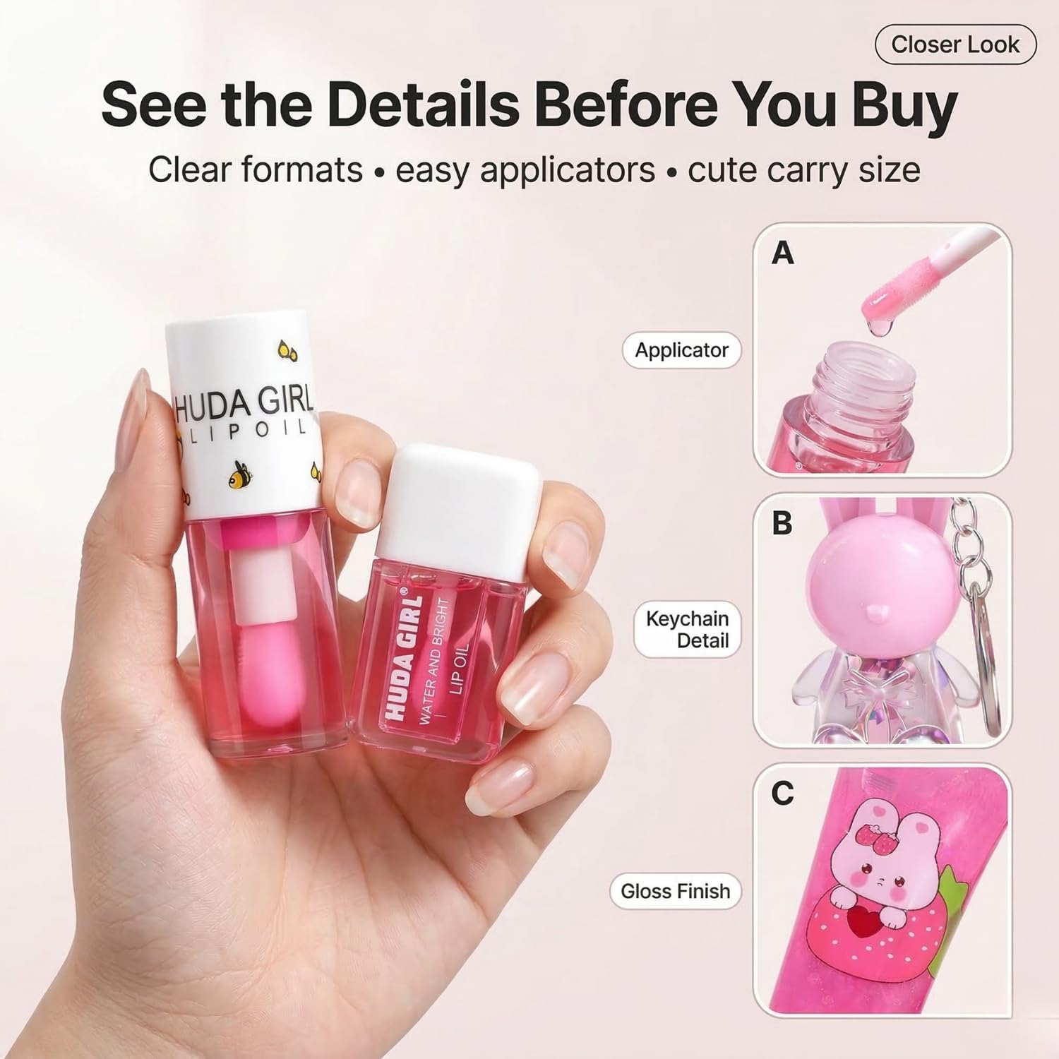 Korean Lip Gloss Set of 4 in Tinted Pink | Rabbit Keychain, 2in1 Tube, Liquid Oil and Swiss Tint Combo, Cute Daily Wear for Girls & Women - View 2 of 7