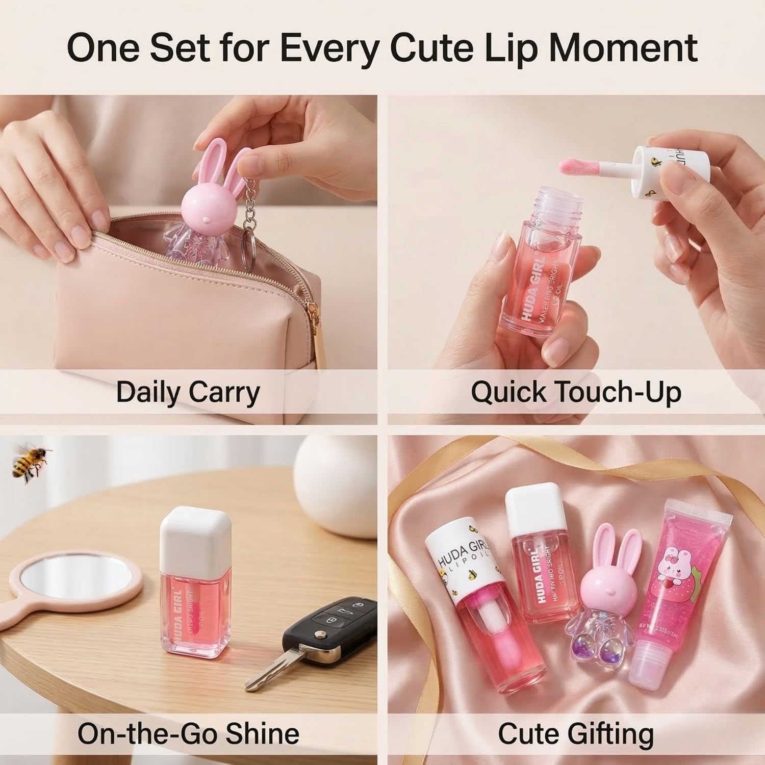 Korean Lip Gloss Set of 4 in Tinted Pink | Rabbit Keychain, 2in1 Tube, Liquid Oil and Swiss Tint Combo, Cute Daily Wear for Girls & Women - View 3 of 7