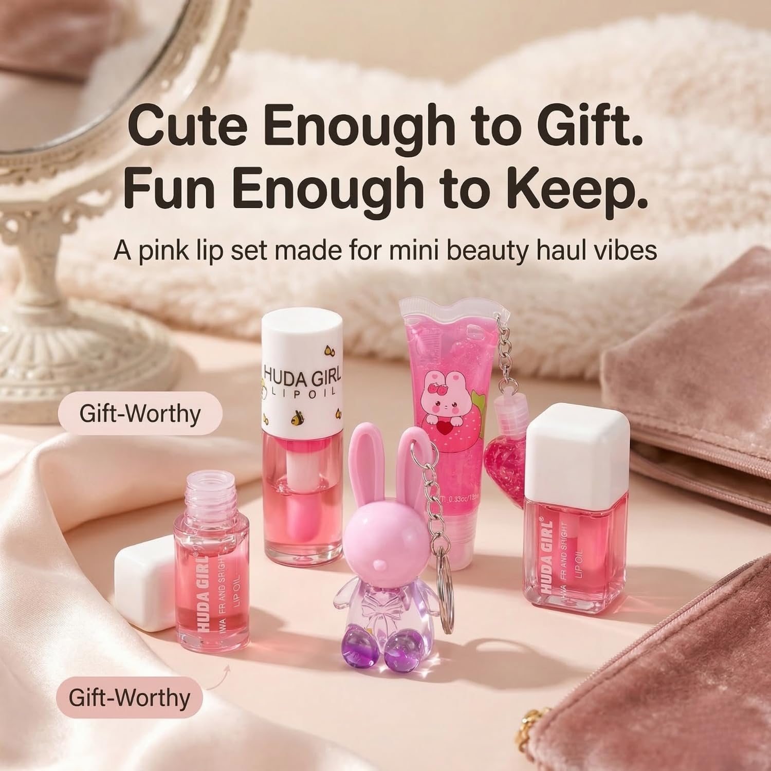 Korean Lip Gloss Set of 4 in Tinted Pink | Rabbit Keychain, 2in1 Tube, Liquid Oil and Swiss Tint Combo, Cute Daily Wear for Girls & Women - View 4 of 7