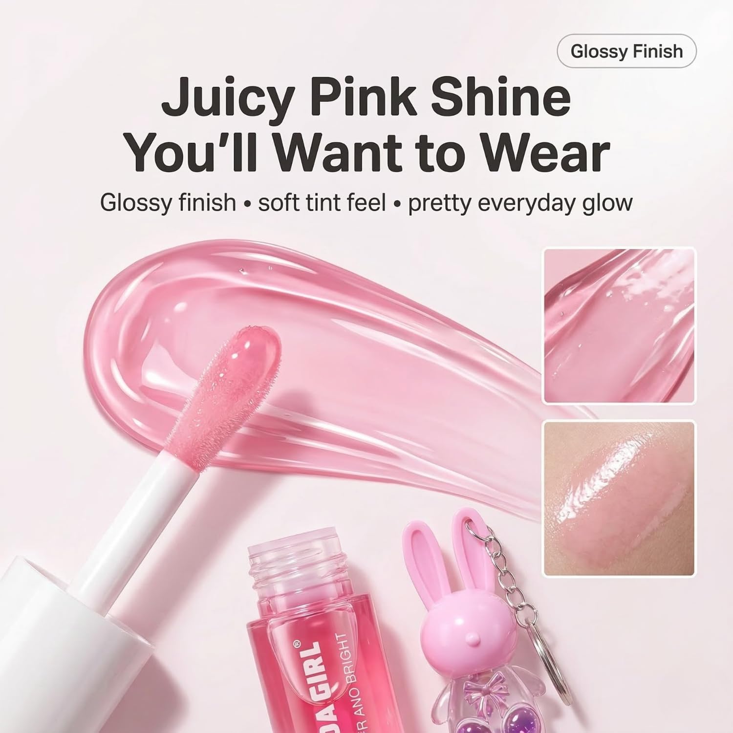Korean Lip Gloss Set of 4 in Tinted Pink | Rabbit Keychain, 2in1 Tube, Liquid Oil and Swiss Tint Combo, Cute Daily Wear for Girls & Women - View 5 of 7