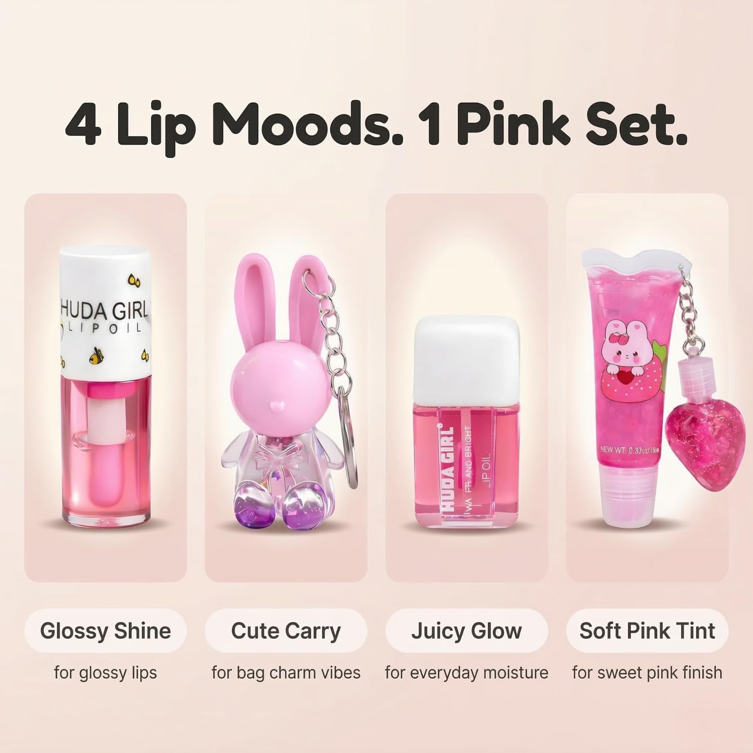 Korean Lip Gloss Set of 4 in Tinted Pink | Rabbit Keychain, 2in1 Tube, Liquid Oil and Swiss Tint Combo, Cute Daily Wear for Girls & Women - View 6 of 7