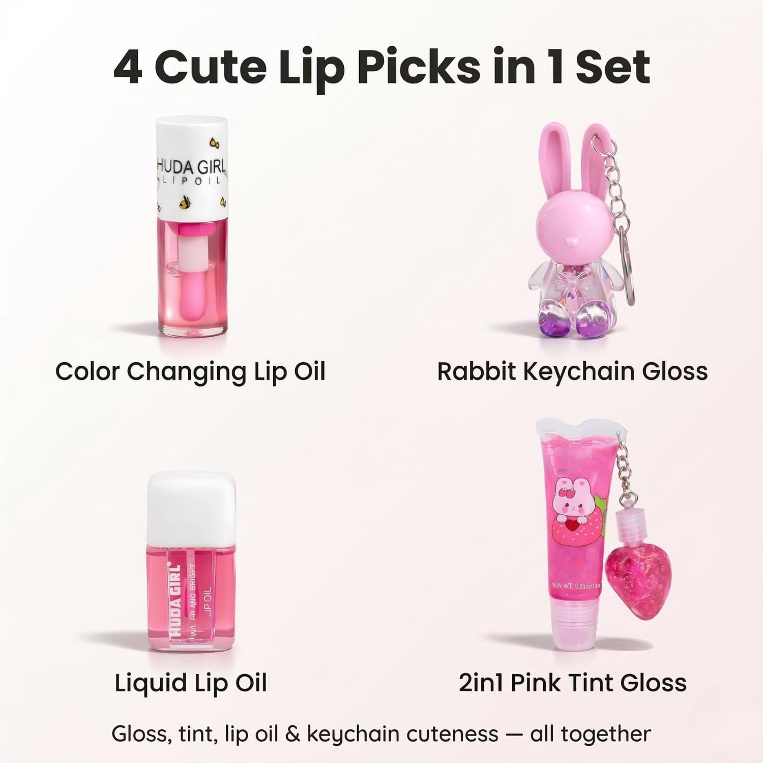 Korean Lip Gloss Set of 4 in Tinted Pink | Rabbit Keychain, 2in1 Tube, Liquid Oil and Swiss Tint Combo, Cute Daily Wear for Girls & Women - View 7 of 7