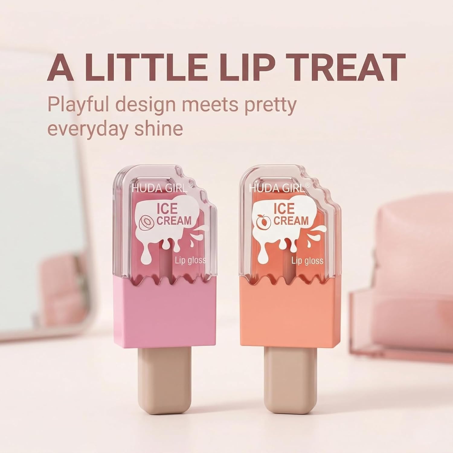 2pc Ice Cream Shape Lip Gloss Set, Waterproof | Lightweight, Non-Sticky, Shimmery Effect, Long Lasting Liquid Glitter Lip Tint, for women - View 4 of 6