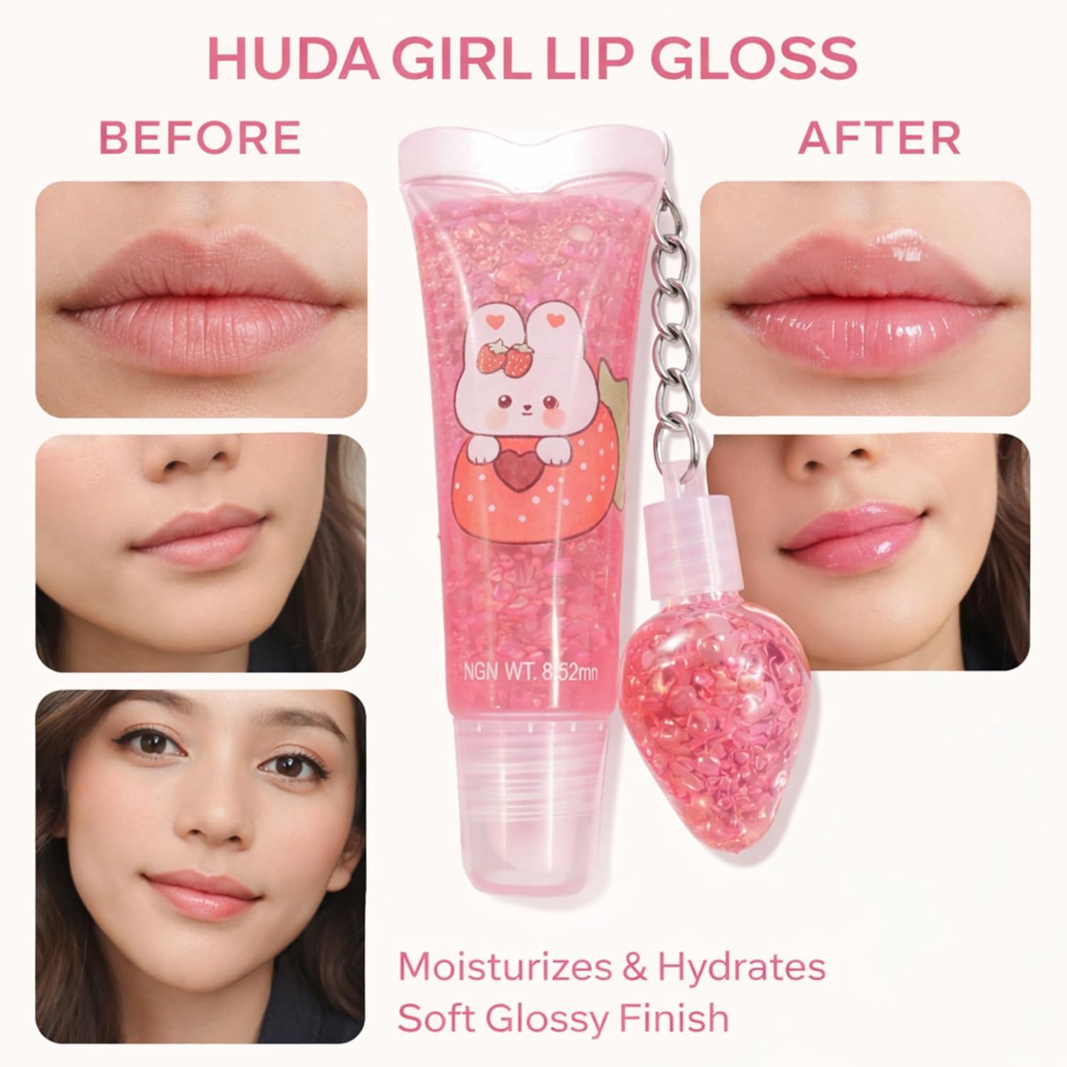 SMART BEAUTY Cute Strawberry Bunny Lip Gloss Set with Keychain – Moisturizing Glitter Lip Gloss for Girls & Teens, Kawaii Travel Size Lip Balm Pack Of 2 - View 2 of 4