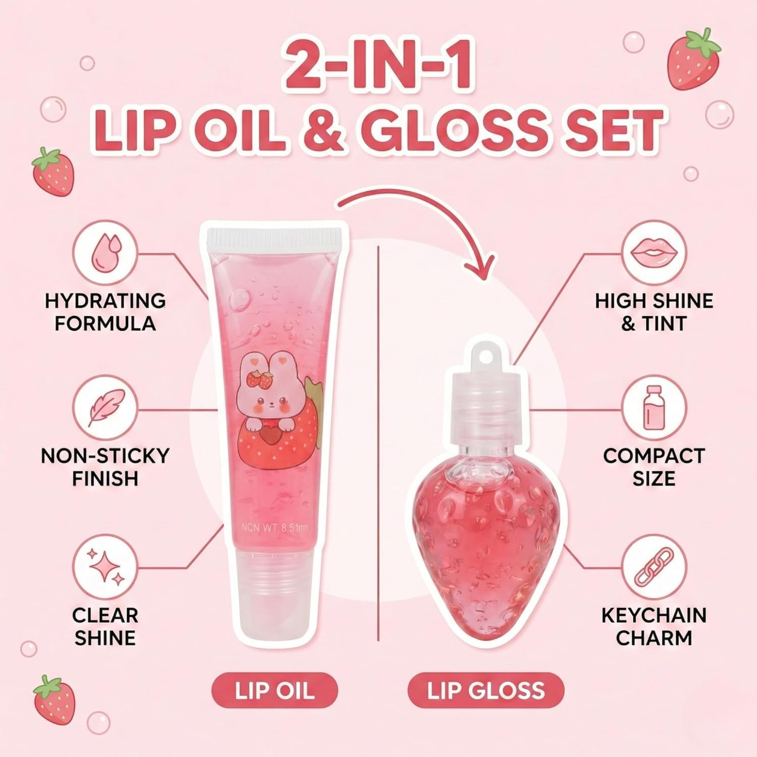 SMART BEAUTY Cute Strawberry Bunny Lip Gloss Set with Keychain – Moisturizing Glitter Lip Gloss for Girls & Teens, Kawaii Travel Size Lip Balm Pack Of 2 - View 4 of 4