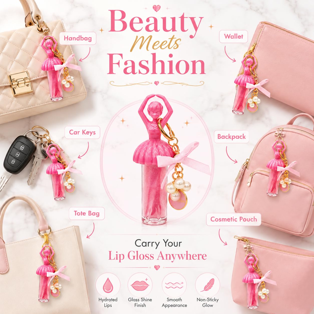 Cute Dancing Ballerina Lip Gloss Charm for Women & Girls | 2 in 1 Hydrating Lip Gloss Keychain | High Shine Non-Sticky Moisturizing | Lightweight Korean Style | Fashion Bag Charm Gift - View 2 of 6