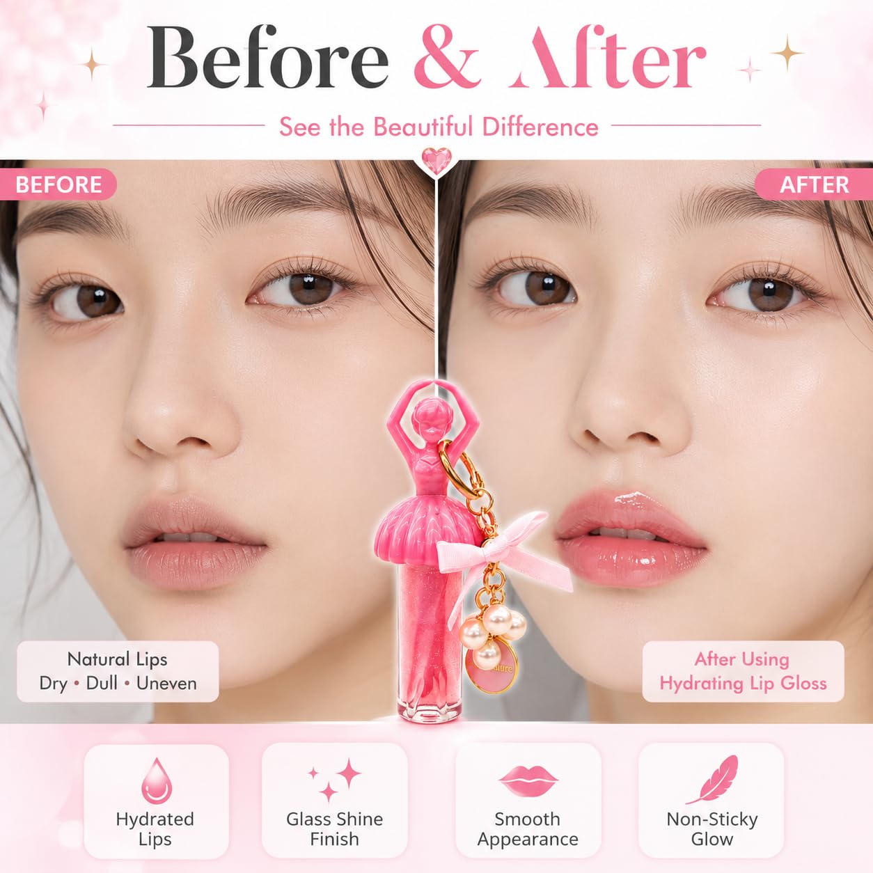 Cute Dancing Ballerina Lip Gloss Charm for Women & Girls | 2 in 1 Hydrating Lip Gloss Keychain | High Shine Non-Sticky Moisturizing | Lightweight Korean Style | Fashion Bag Charm Gift - View 3 of 6