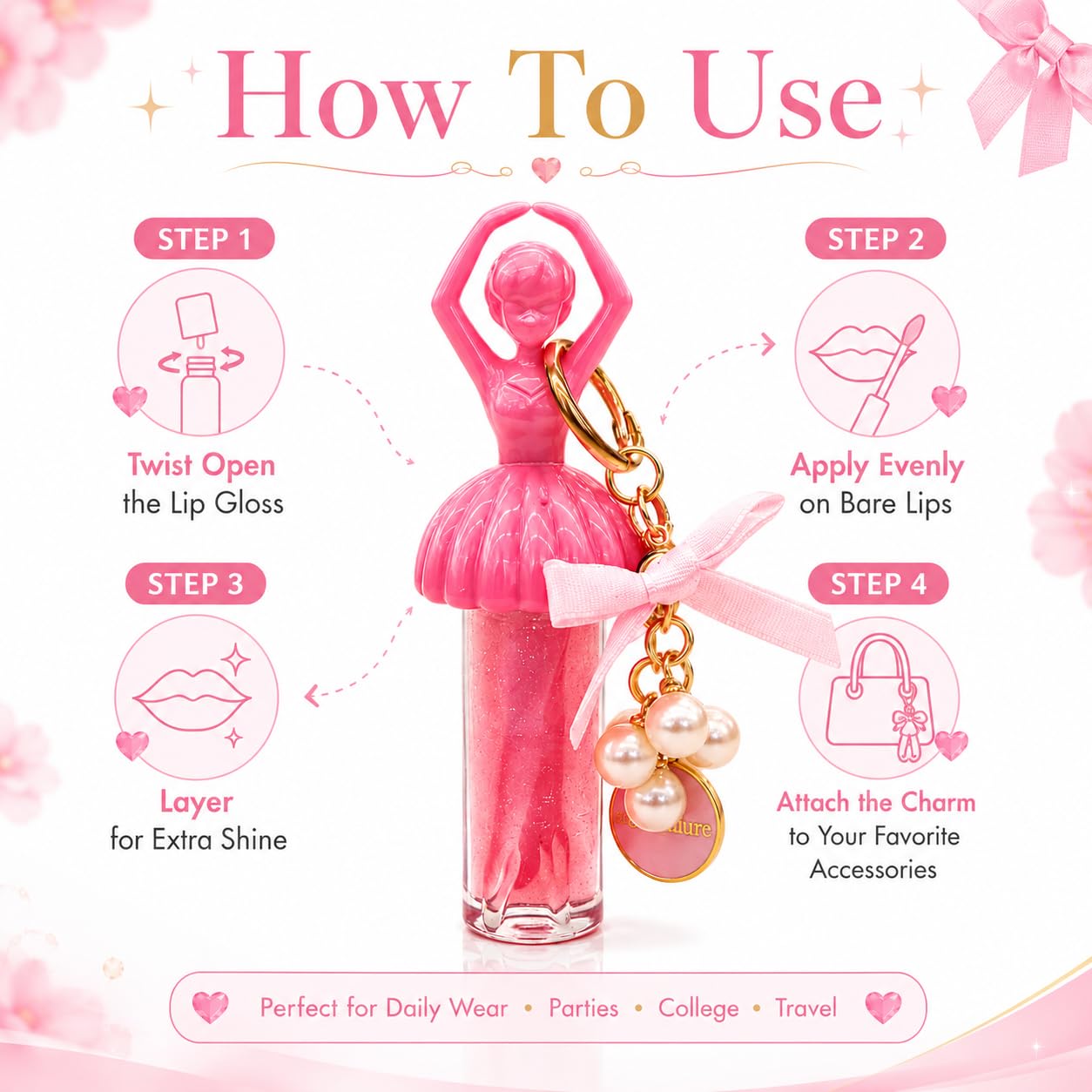 Cute Dancing Ballerina Lip Gloss Charm for Women & Girls | 2 in 1 Hydrating Lip Gloss Keychain | High Shine Non-Sticky Moisturizing | Lightweight Korean Style | Fashion Bag Charm Gift - View 4 of 6