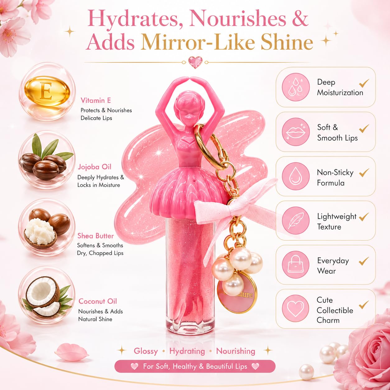 Cute Dancing Ballerina Lip Gloss Charm for Women & Girls | 2 in 1 Hydrating Lip Gloss Keychain | High Shine Non-Sticky Moisturizing | Lightweight Korean Style | Fashion Bag Charm Gift - View 5 of 6