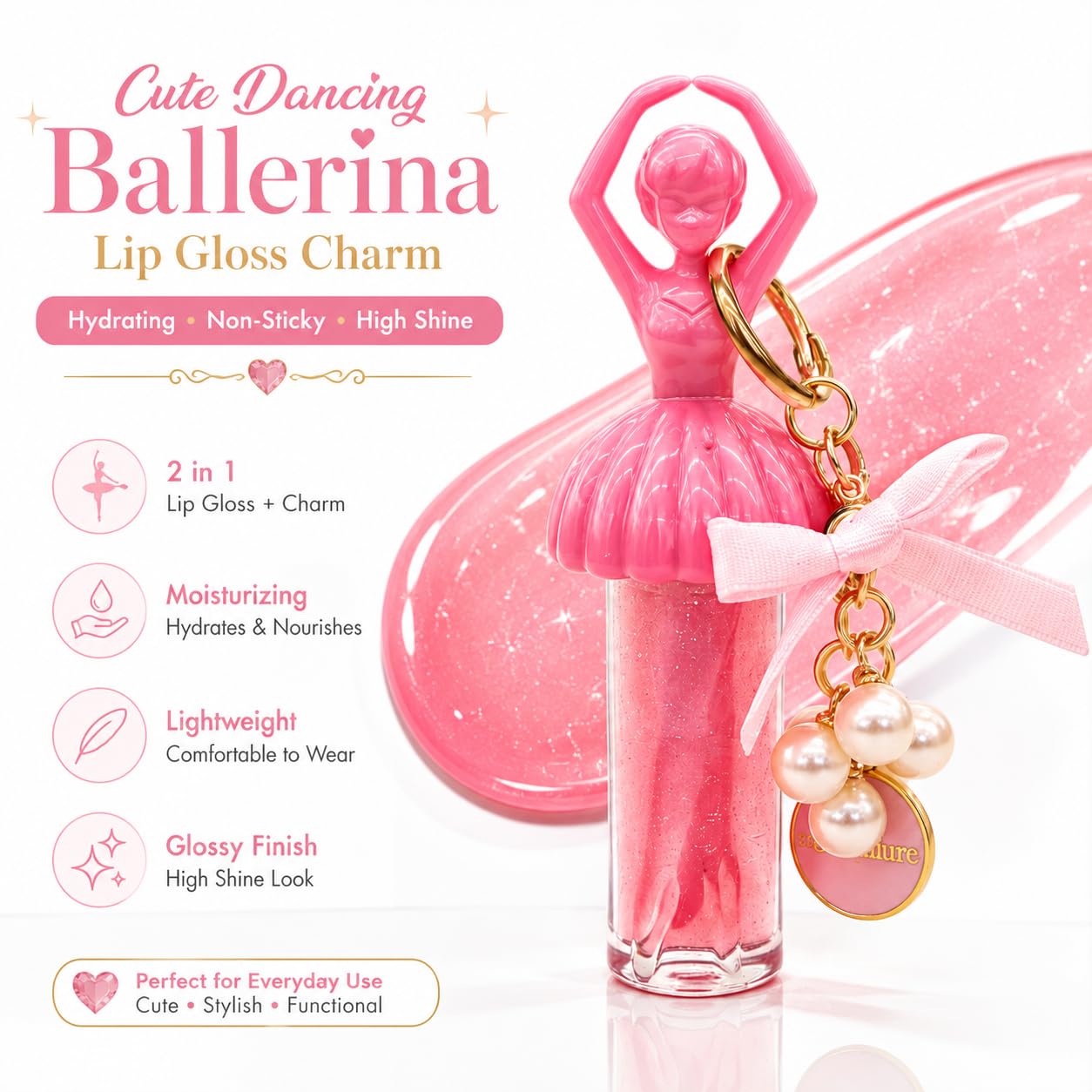 Cute Dancing Ballerina Lip Gloss Charm for Women & Girls | 2 in 1 Hydrating Lip Gloss Keychain | High Shine Non-Sticky Moisturizing | Lightweight Korean Style | Fashion Bag Charm Gift - View 6 of 6